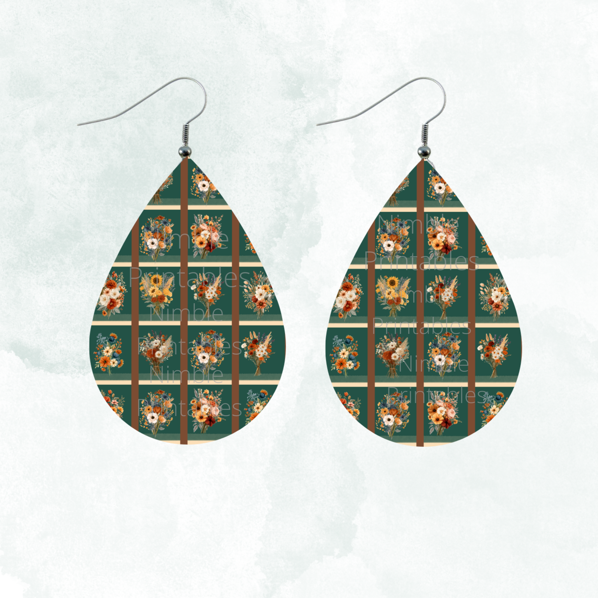 Teardrop earrings with plaid background and floral bouquet pattern.