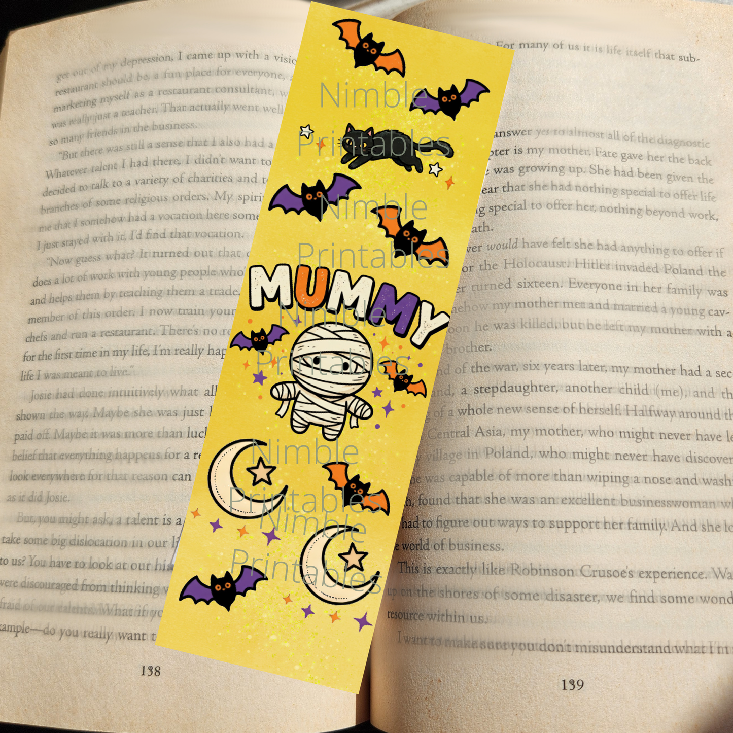 Yellow bookmark with "Mummy" and mummy character, bats, moons, and stars.