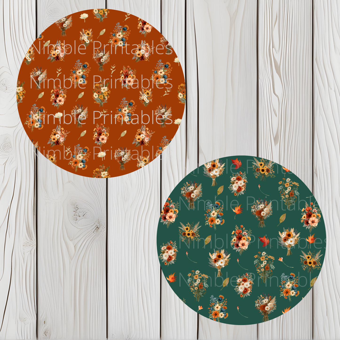 Two circular patterns featuring autumn floral bouquets on rust and dark green backgrounds.