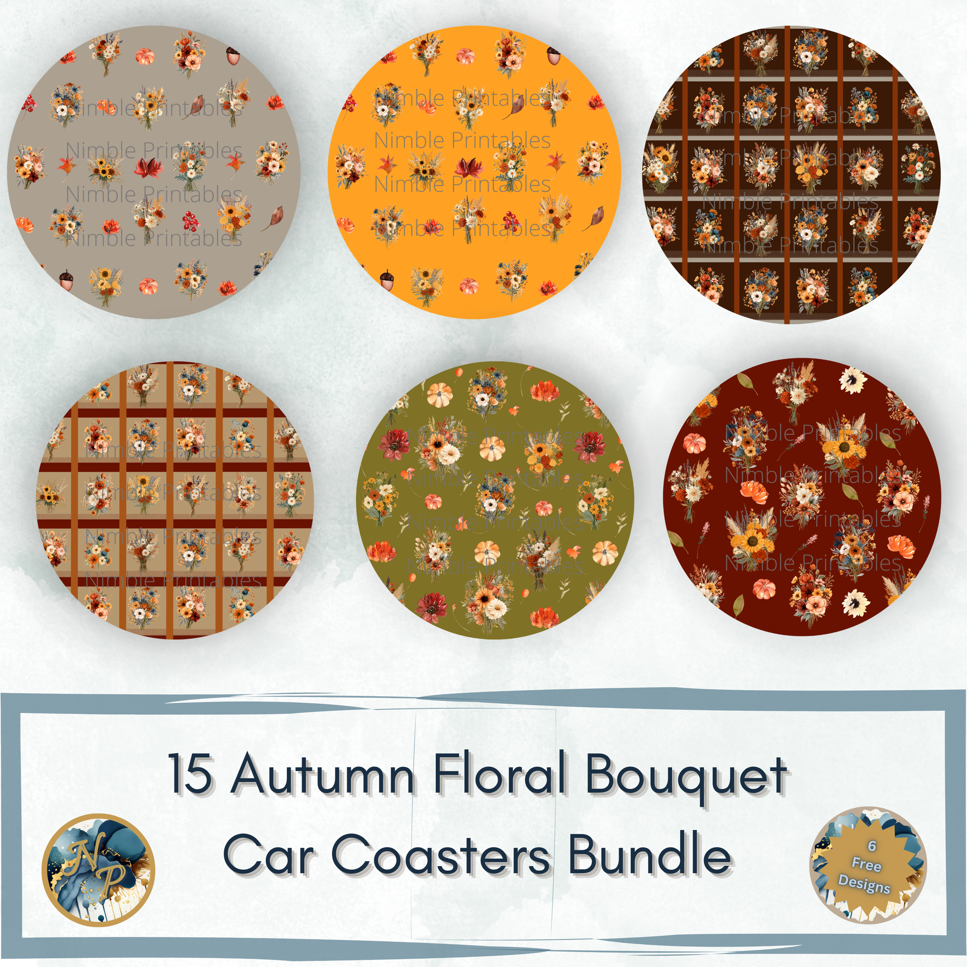 Autumn floral bouquets and pumpkins on six round coasters, with text "15 Autumn Floral Bouquet Car Coasters Bundle".
