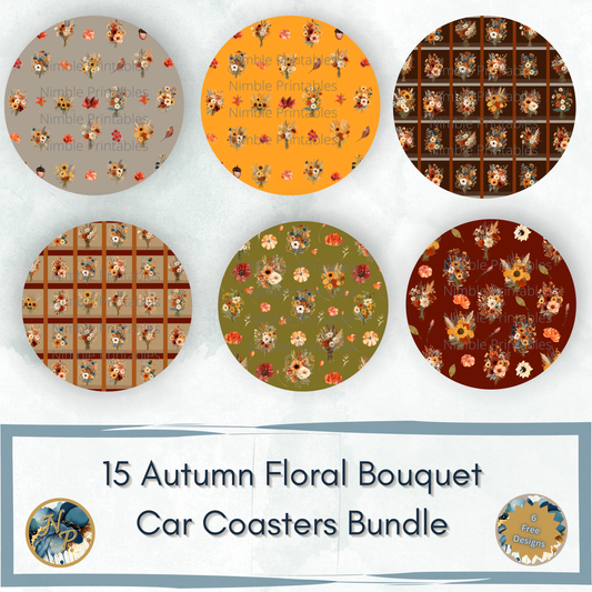 Autumn floral bouquets and pumpkins on six round coasters, with text "15 Autumn Floral Bouquet Car Coasters Bundle".