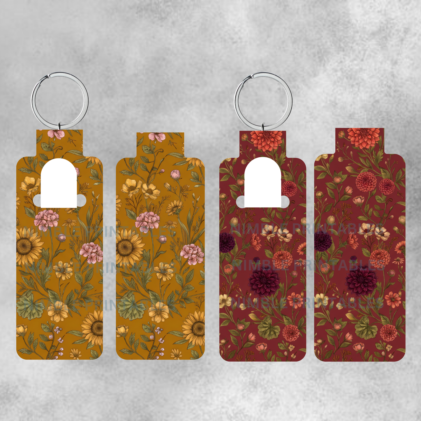 Two keychains with floral patterns, one in gold and one in burgundy.