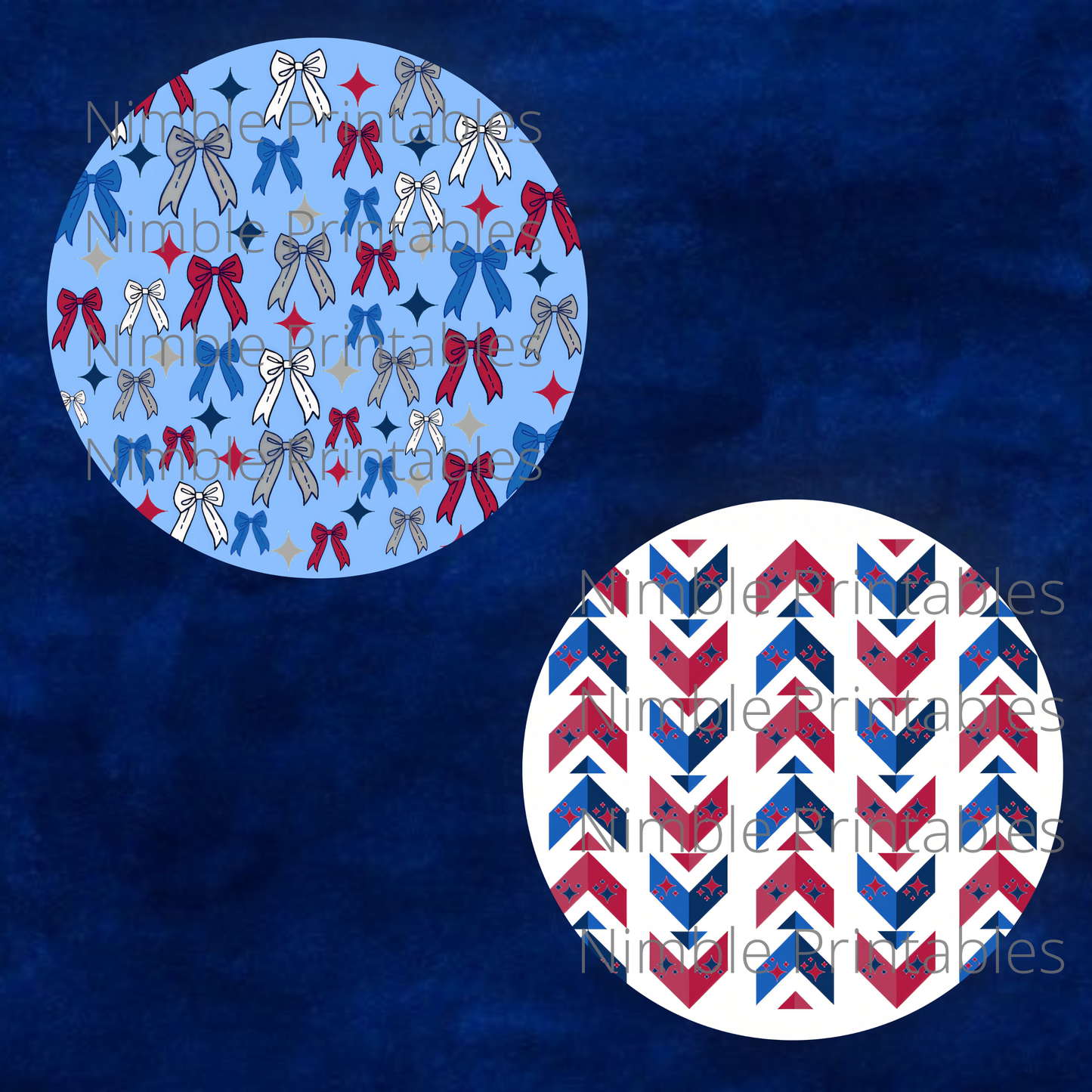Blue and white bows, red and white arrows patterned circles on navy background.