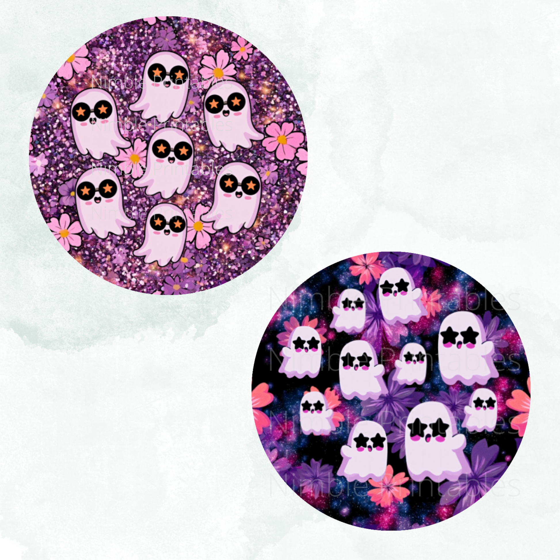 Two circular graphics featuring cute pink ghosts with star-shaped sunglasses and flowers.