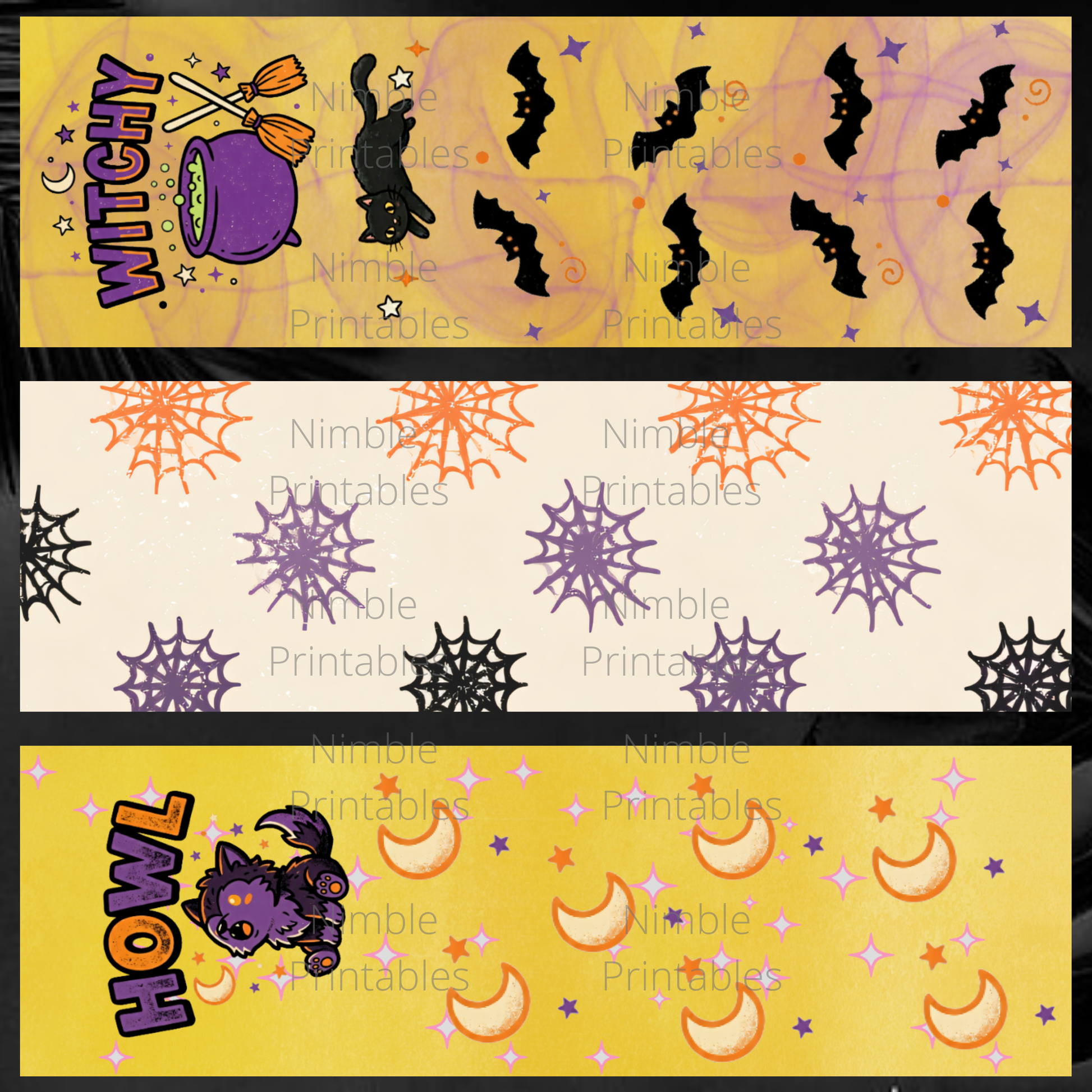 Halloween patterns featuring a witch's cauldron, black cat, bats, and howling wolf with moons and stars.