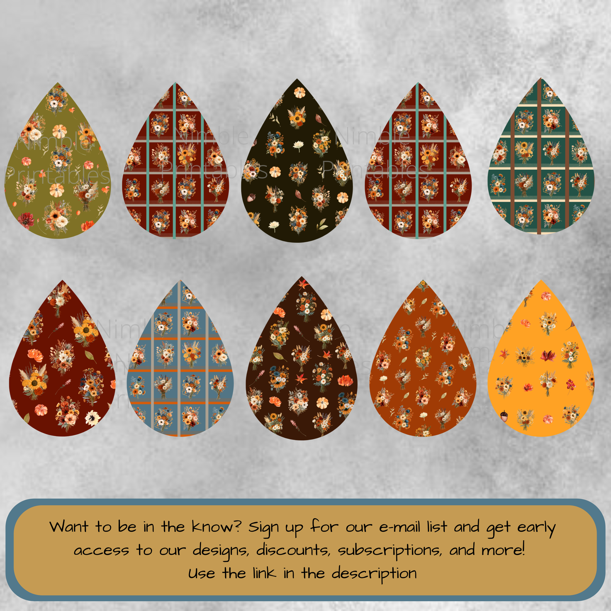 Ten teardrop shapes with autumn floral patterns in various colors and plaid designs.