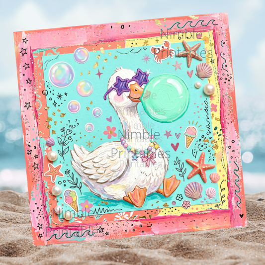 Cute goose wearing sunglasses blowing a bubble on a beach.