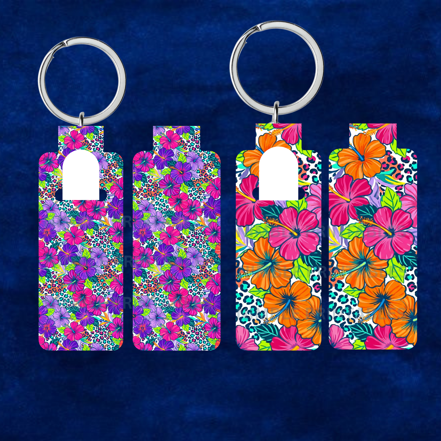 Two rectangular keychains with floral and leopard print patterns.