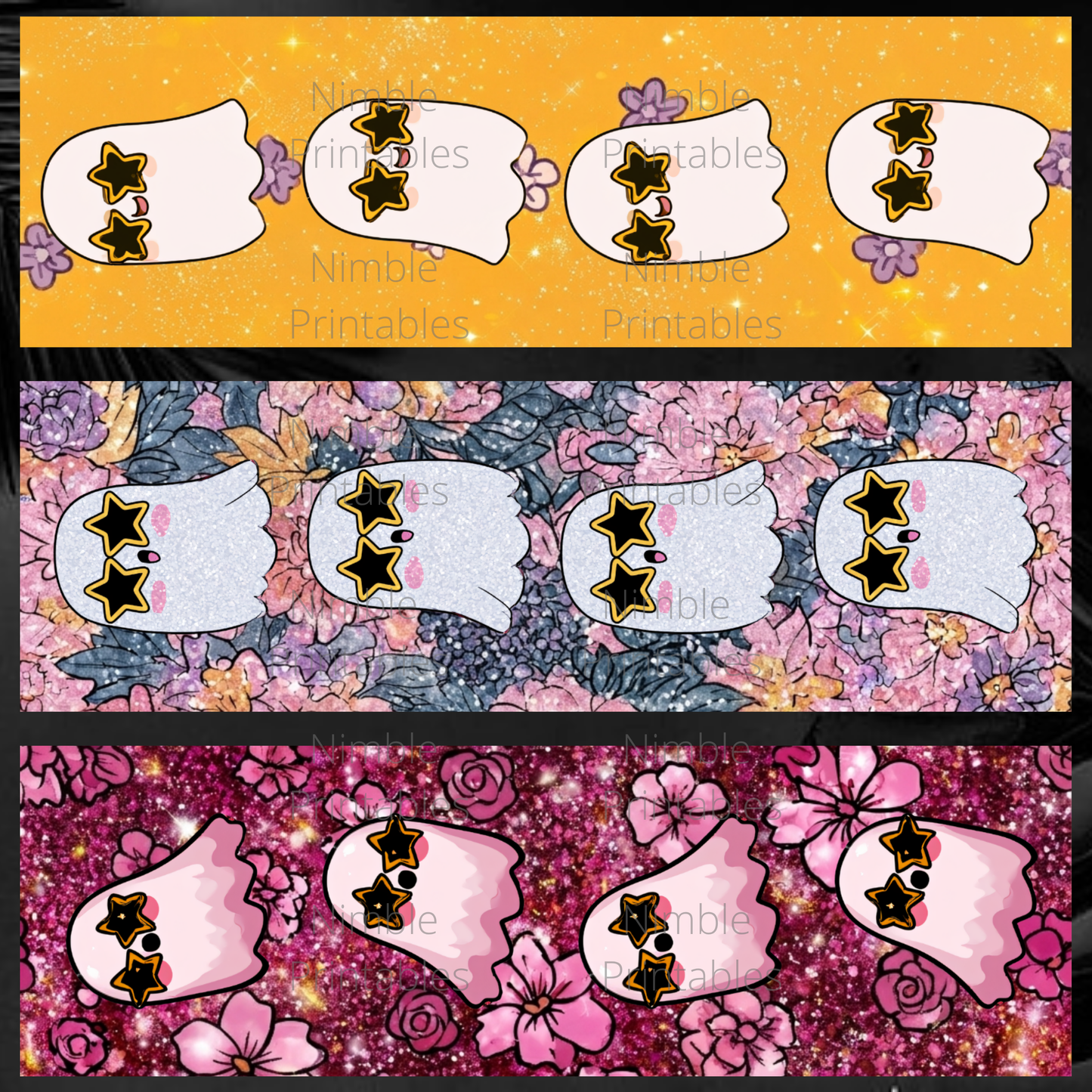 Cute ghosts with star sunglasses on orange, floral, and glitter backgrounds.