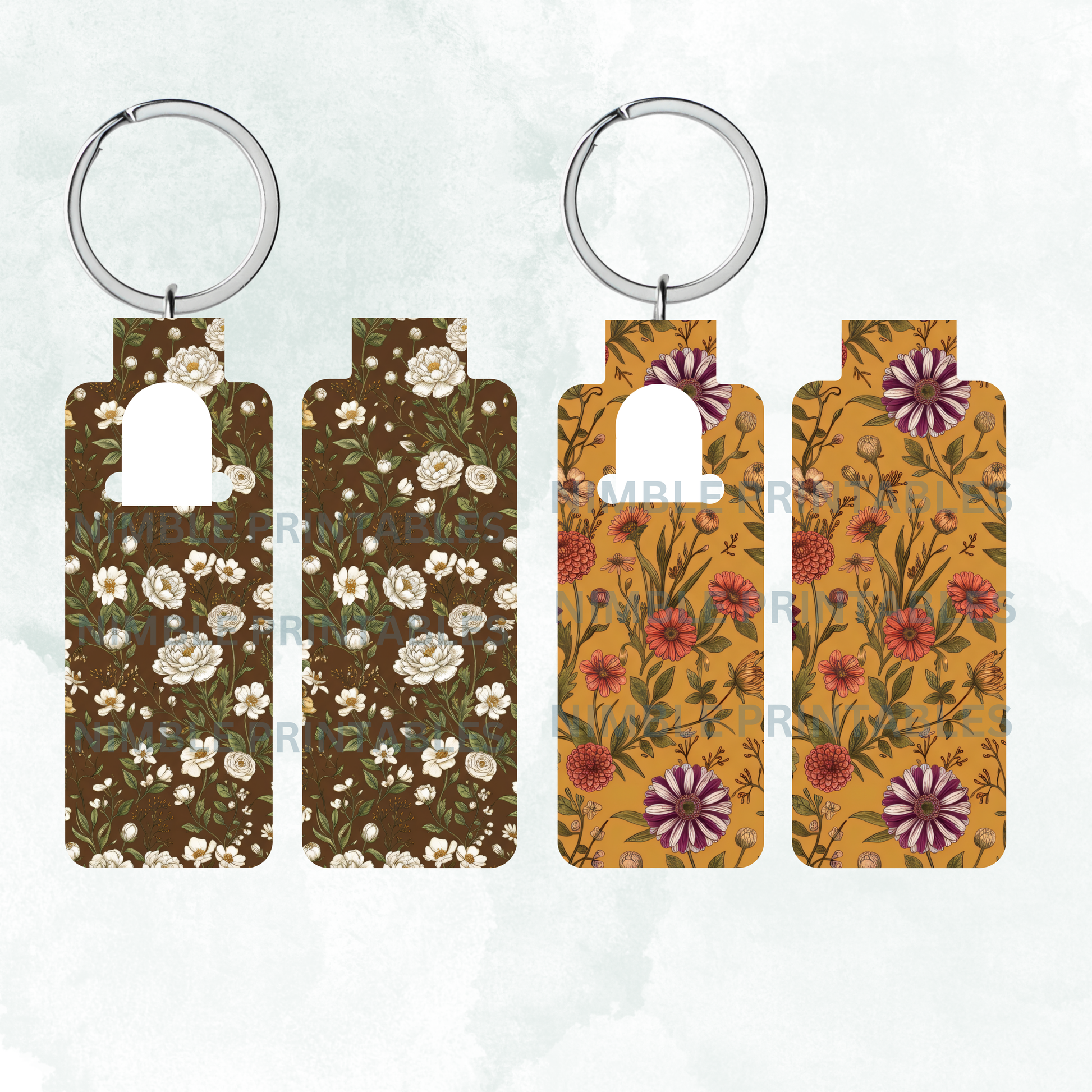 Two keychains featuring vintage floral patterns on brown and mustard backgrounds.