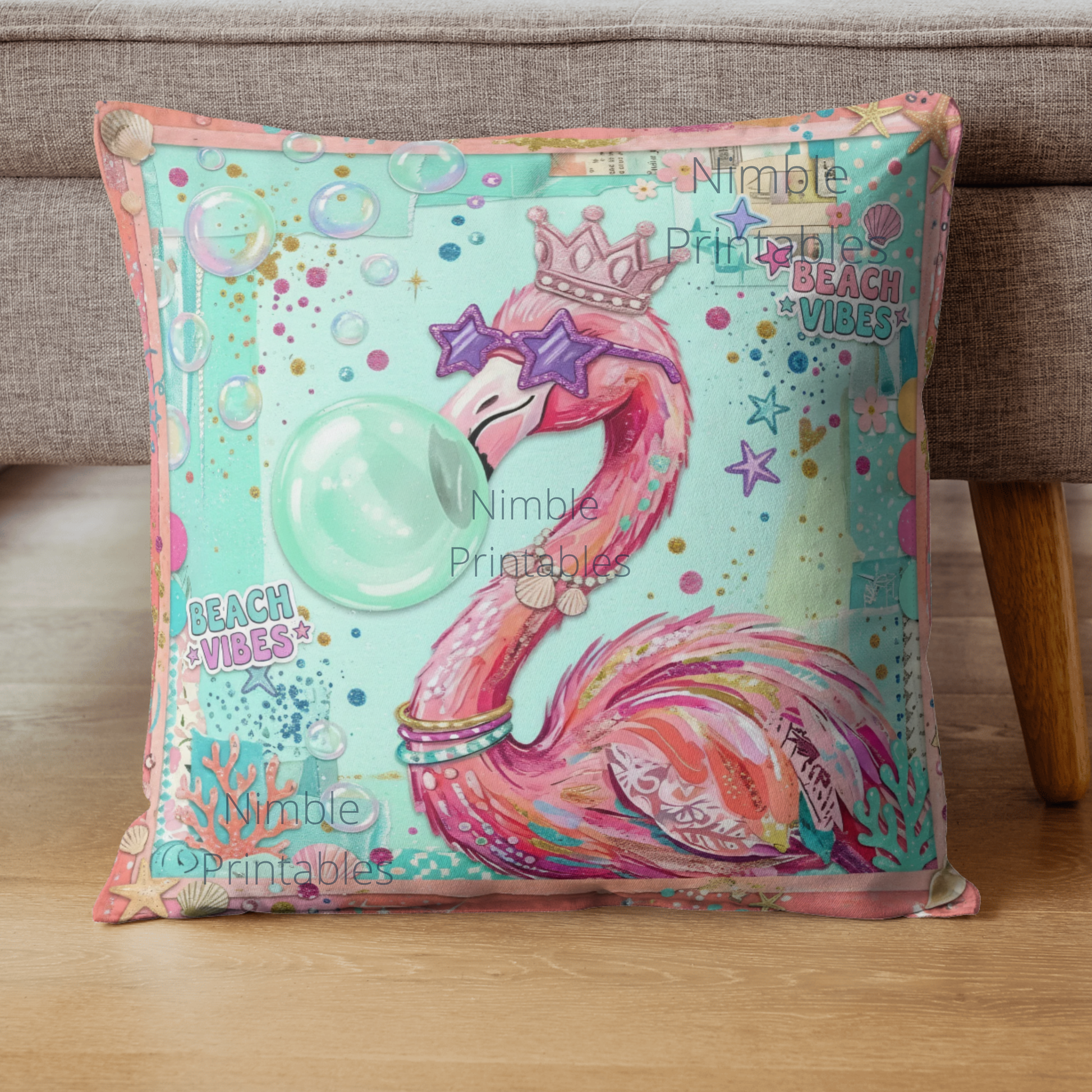 Pink flamingo wearing sunglasses and crown, blowing bubble.