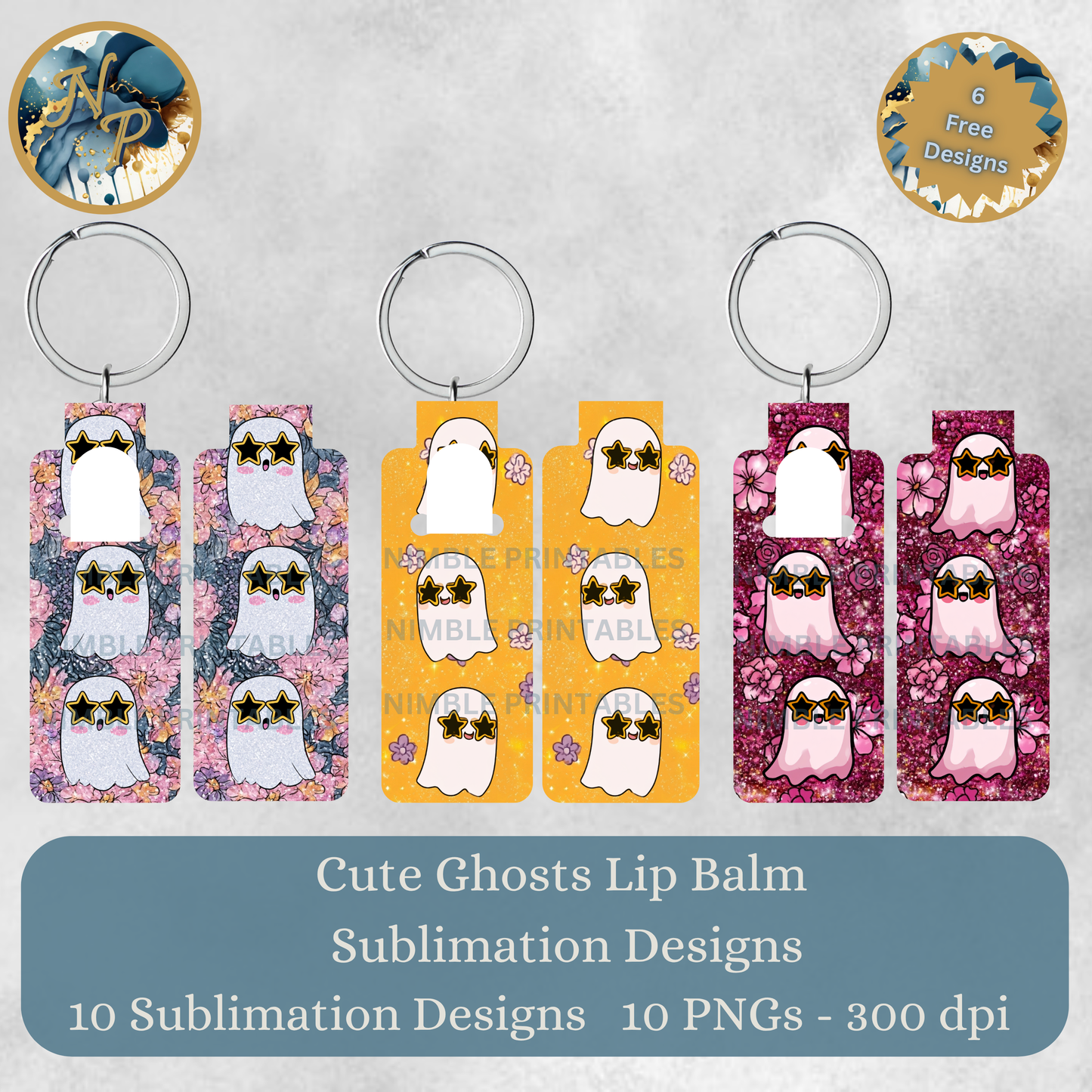 Cute ghosts sublimation designs for lip balm, featuring star-shaped sunglasses.