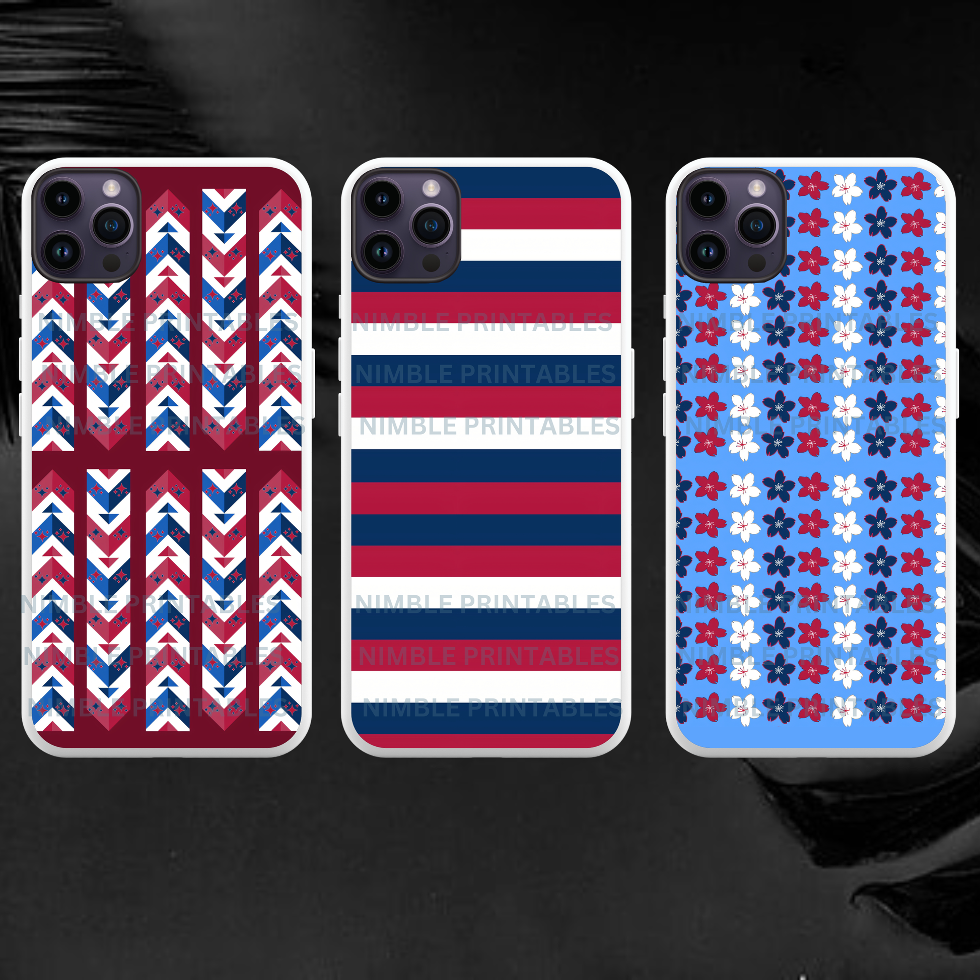 Three phone cases displaying geometric arrows, stripes, and floral patterns.