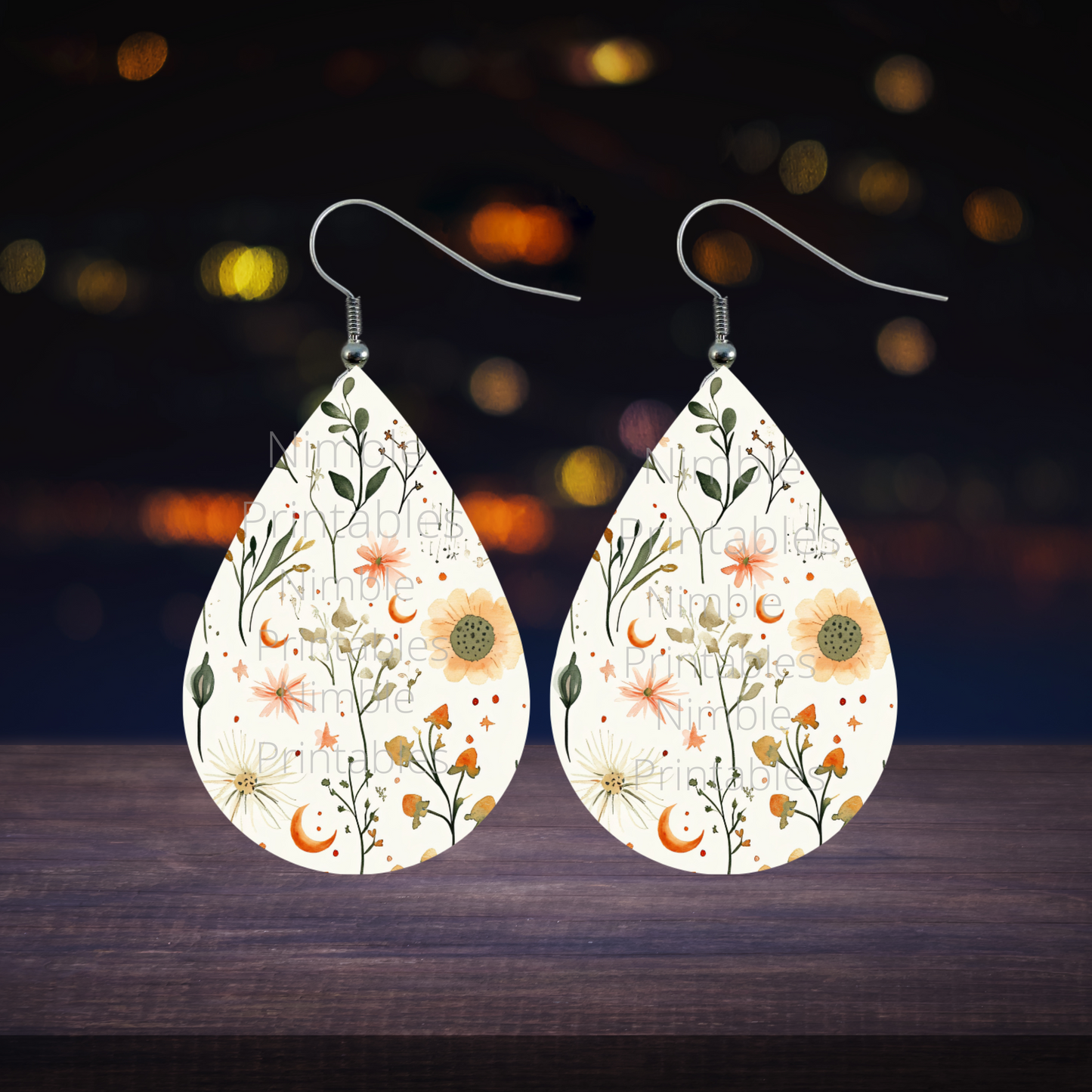 Celestial Wildflower Bundle Teardrop Earring PNG Earrings Sublimation Earring Designs Digital Download Instant Download Moon PNG, Floral PNG