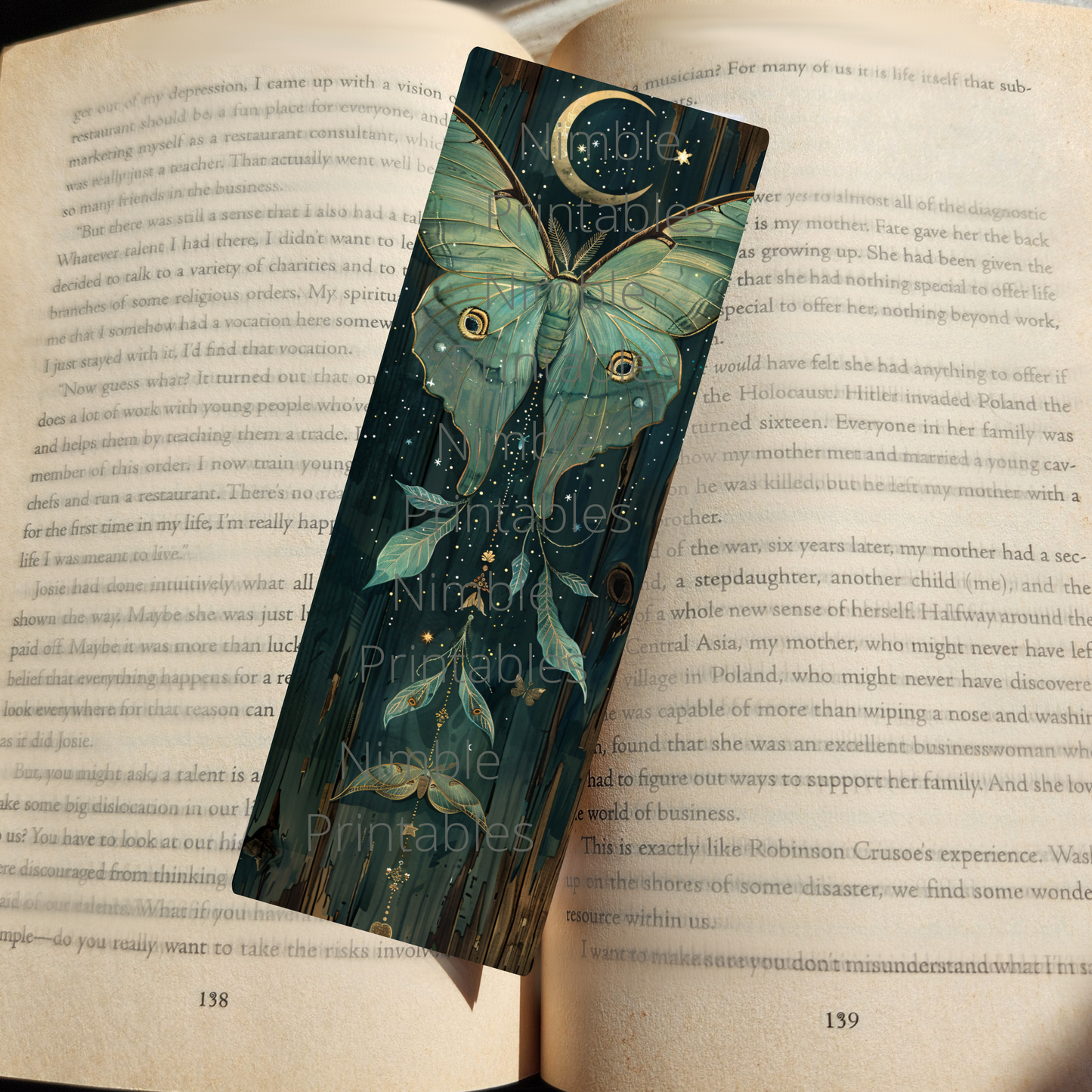 Printable Bookmarks Bundle Celestial Luna Moth, Digital Downloads, Watercolor Bookmark, 52 PNG and 52 JPG Bookmark Sublimation