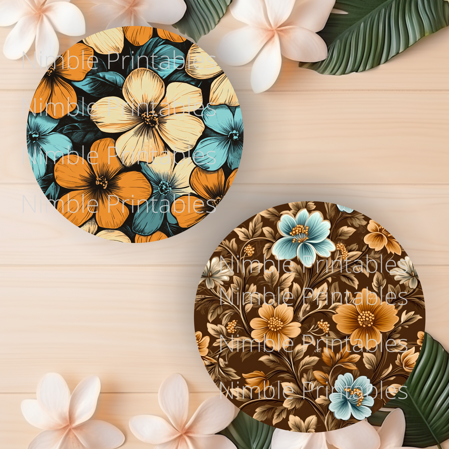 Coaster PNG, Car Coaster PNG, Orange and Pink Floral Bundle Instant Downloads Sublimation Design Car Accessories
