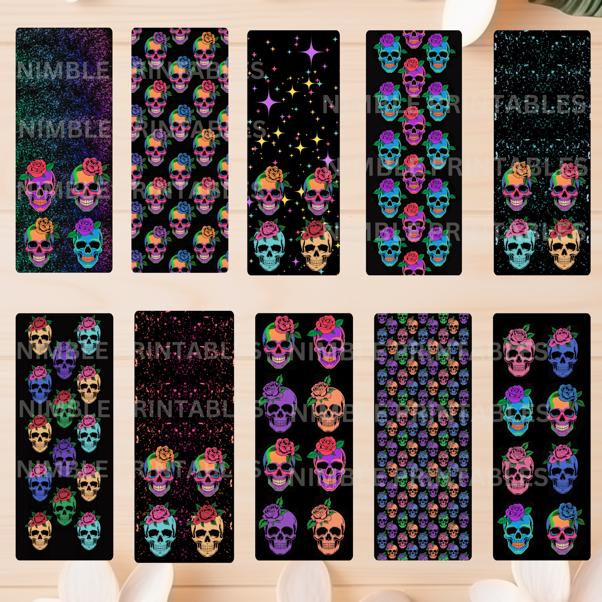 Colorful Sugar Skull Bookmarks, Day of the Dead, Digital Printable, Gothic Party Favors, Unique Gifts, Instant Download PDF