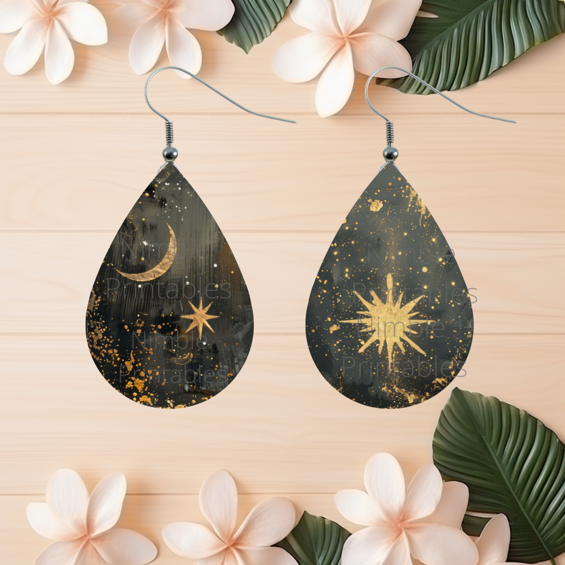 Celestial Earrings, Moon and Stars, Black and Gold Drop Earrings, Boho Chic Jewelry, Unique Gift for Her, Statement Earrings, Dangle