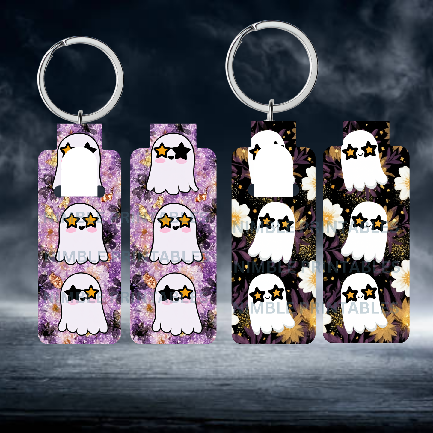 Four ghost keychains with starry eyes on floral backgrounds.