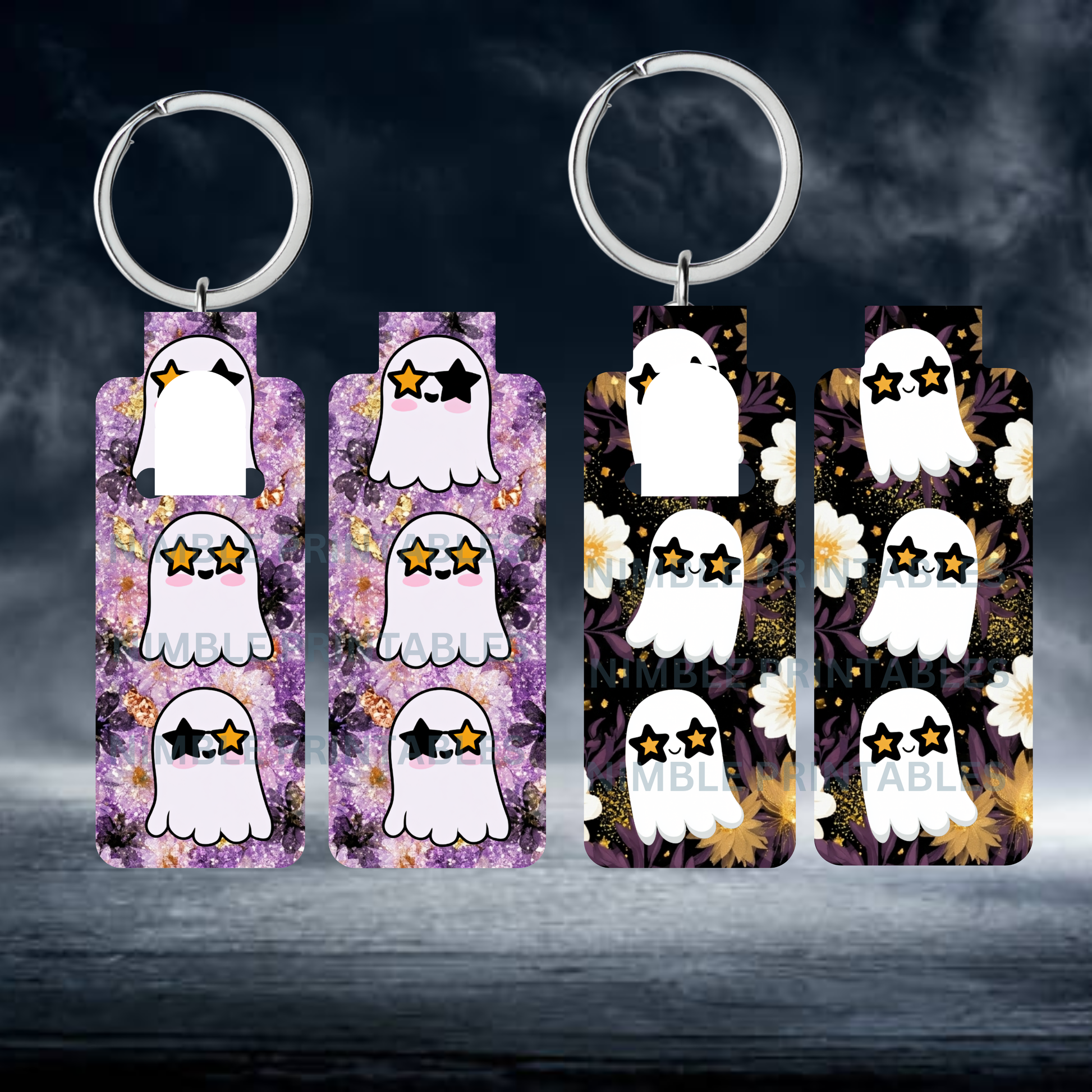 Four ghost keychains with starry eyes on floral backgrounds.