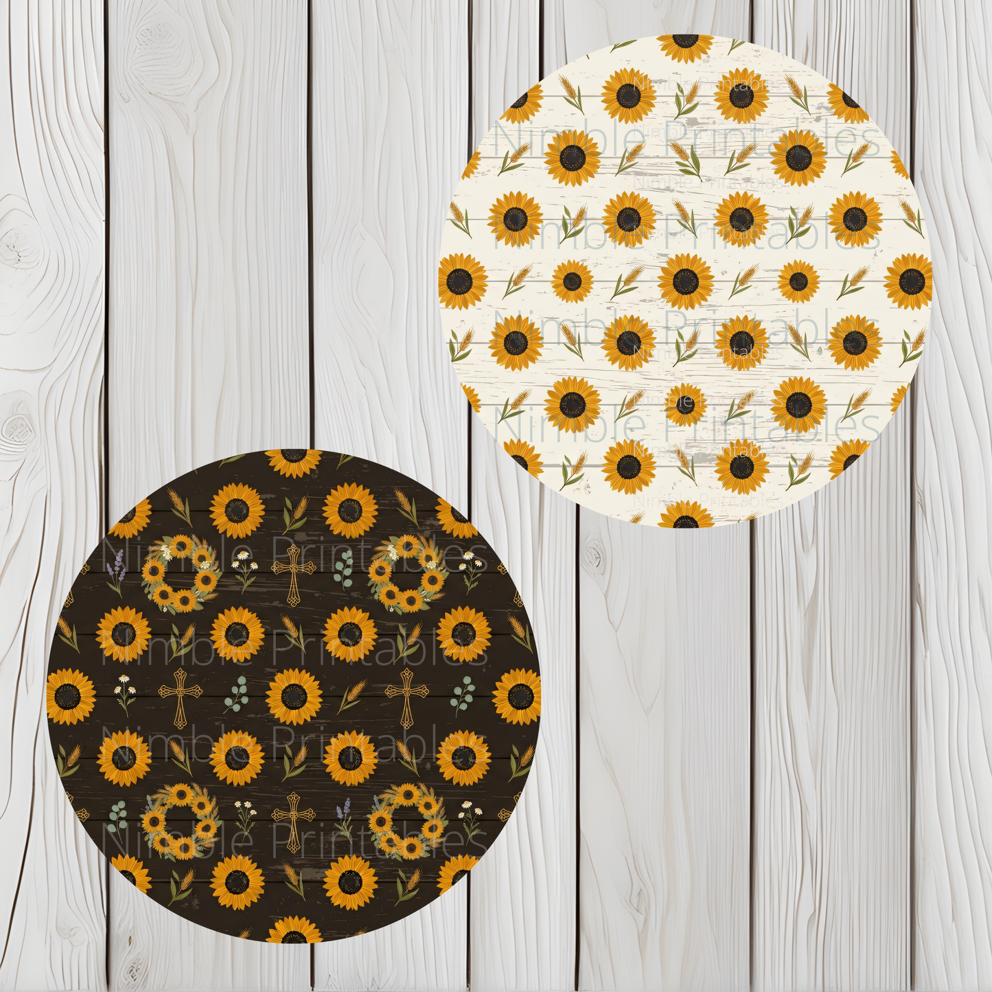 Two circular motifs featuring sunflowers and crosses on dark wood and light wood backgrounds.