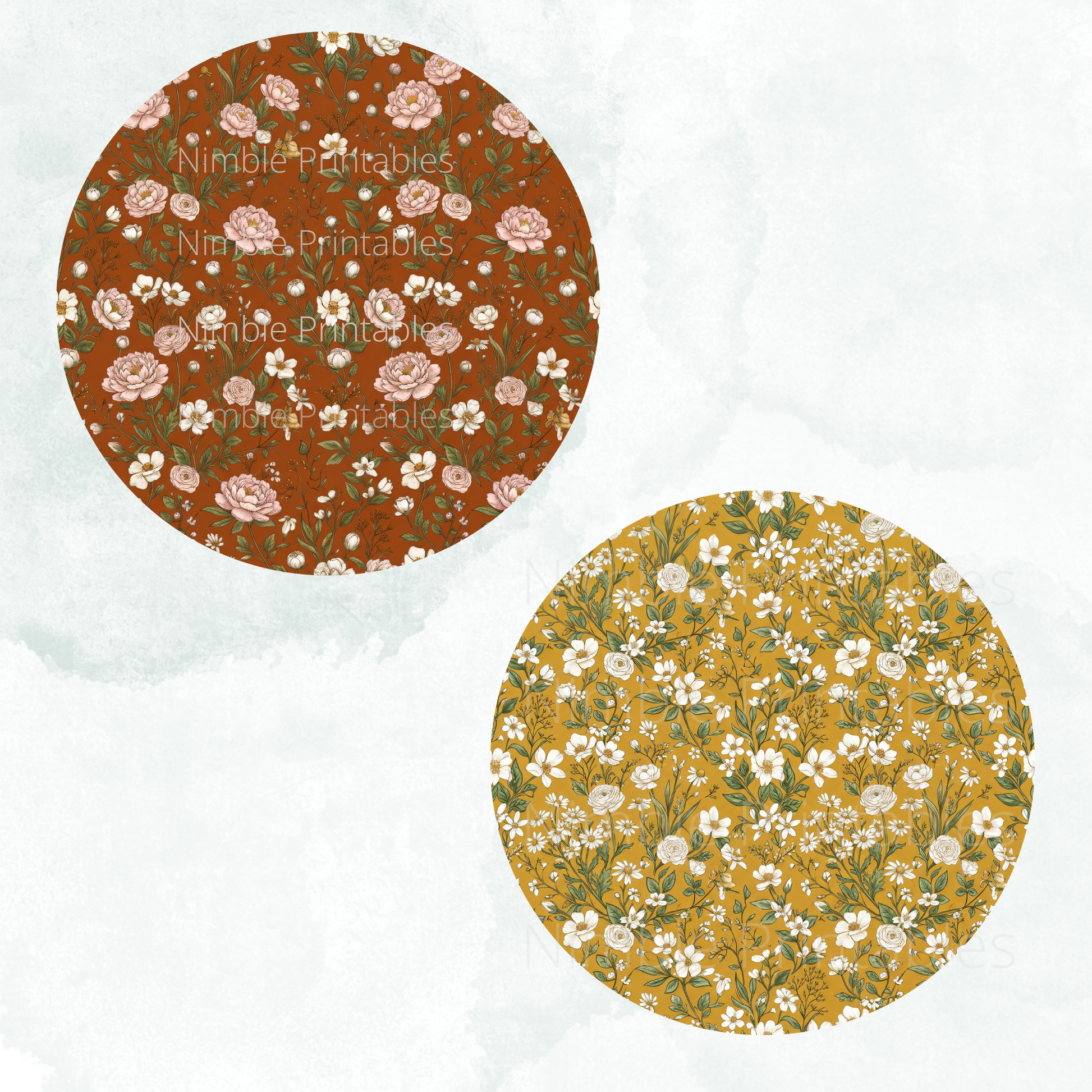 Two circular patterns with floral designs: one brown with pink flowers, one gold with white flowers.