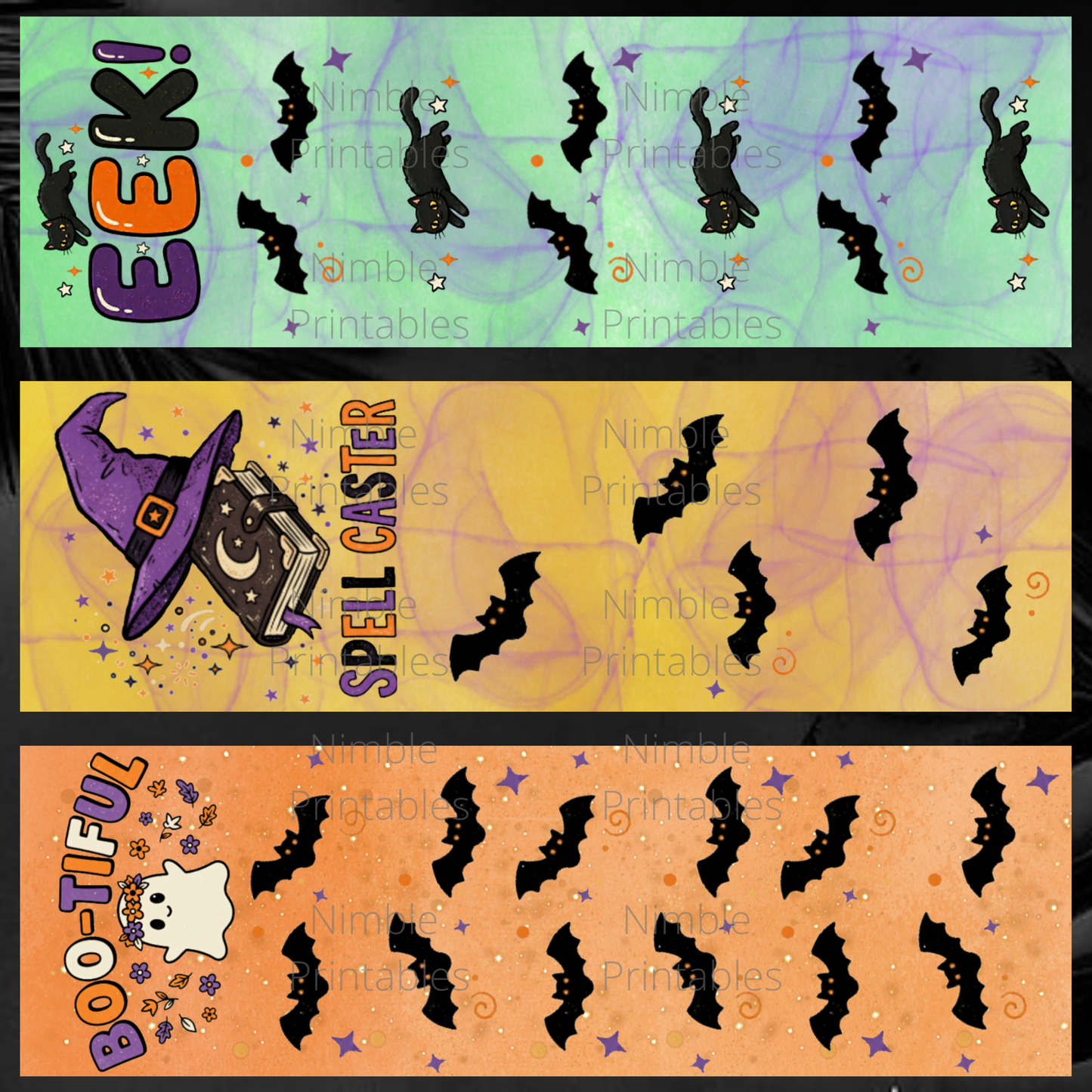 Halloween borders with text: EEK!, SPELL CASTER, and BOO-TIFUL, featuring cats, ghosts, bats, and stars.