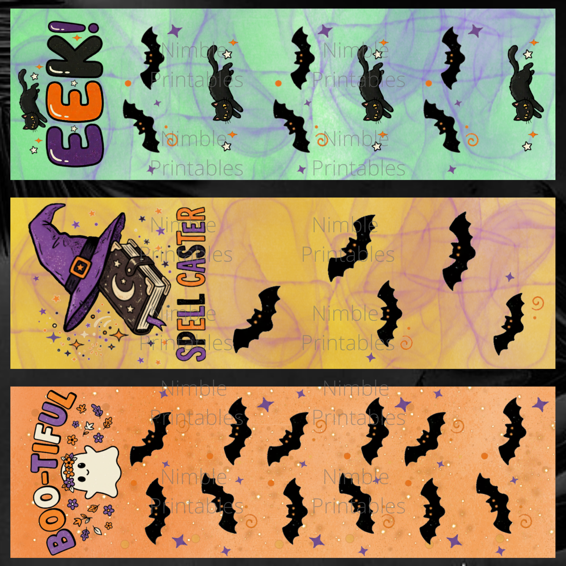 Halloween borders with text: EEK!, SPELL CASTER, and BOO-TIFUL, featuring cats, ghosts, bats, and stars.