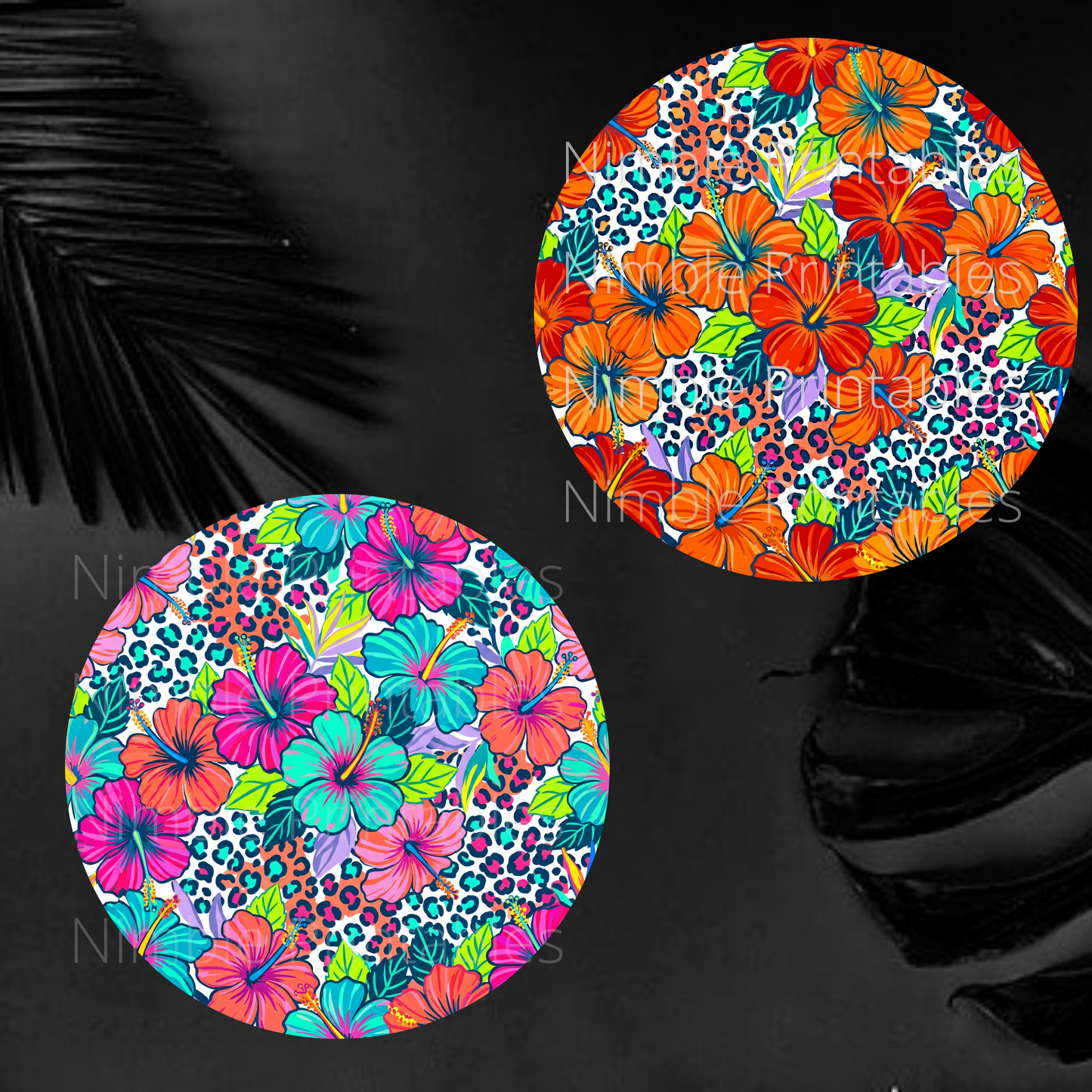 Two circular designs with colorful hibiscus flowers and leopard print on a dark background.
