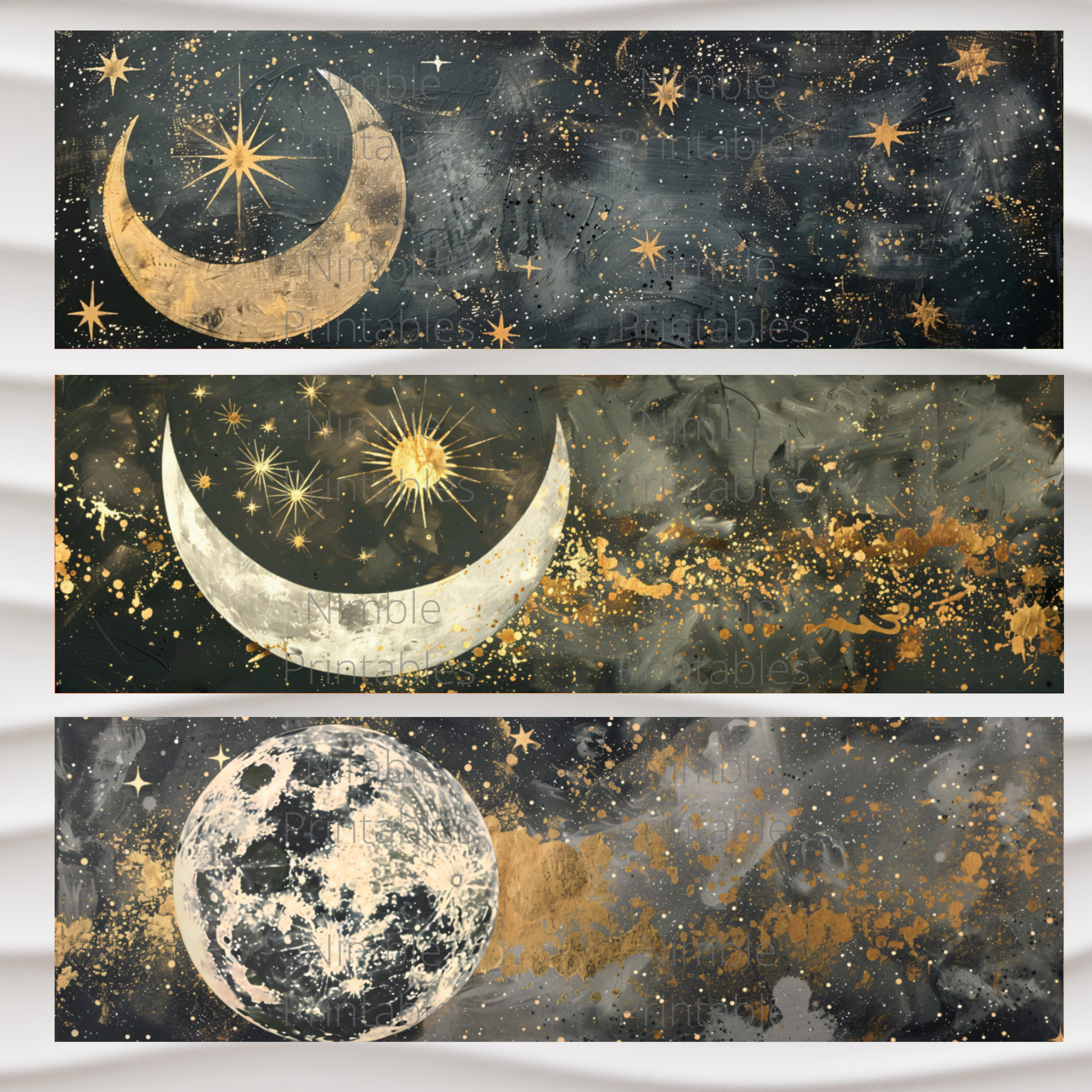 Celestial Wall Art Set, Moon Phase Prints, Gold Star Galaxy, Astrology Home Decor, Mystical Night Sky Canvases, Boho Chic Room Decoration