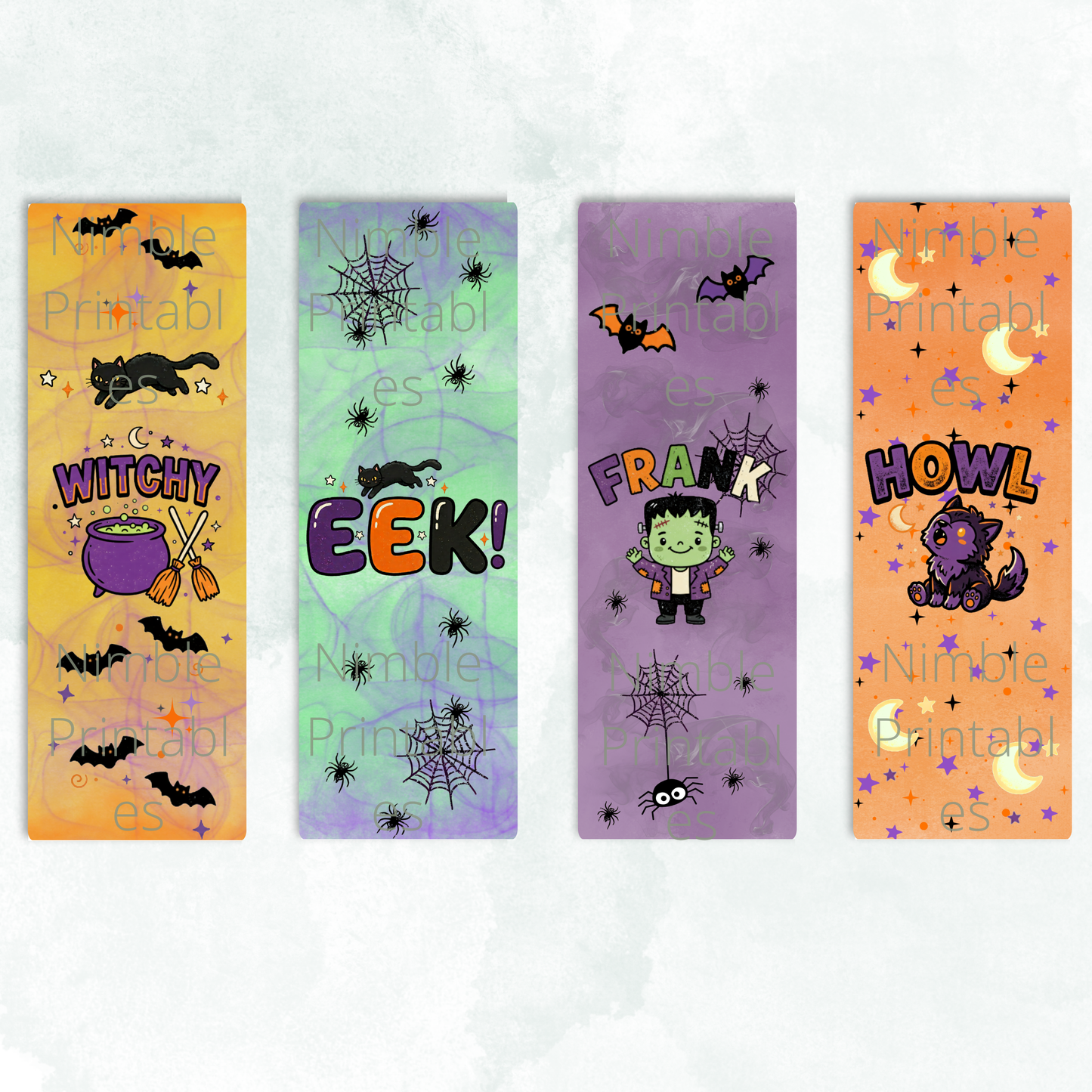 Four Halloween-themed bookmarks featuring a witchy cat, spiders, Frankenstein, and a werewolf pup.