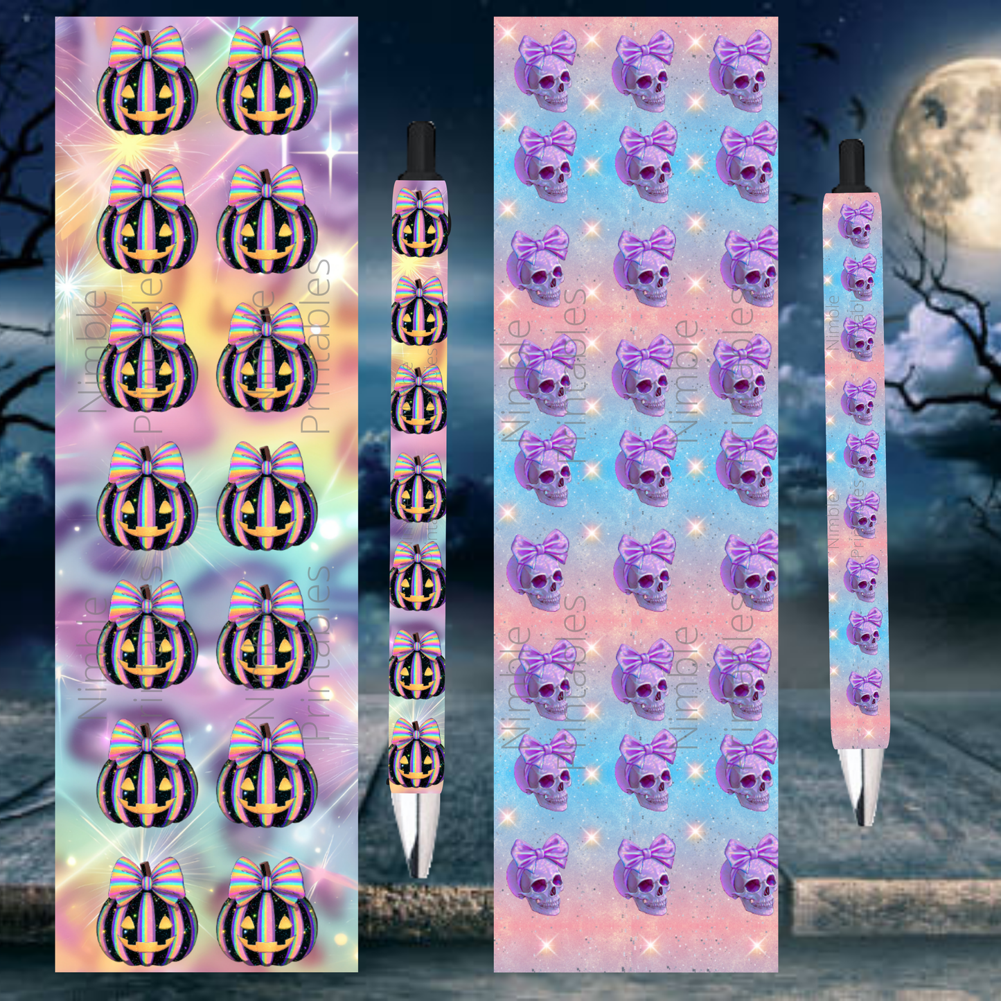 Pen wraps with pastel pumpkins and skulls on a textured background.