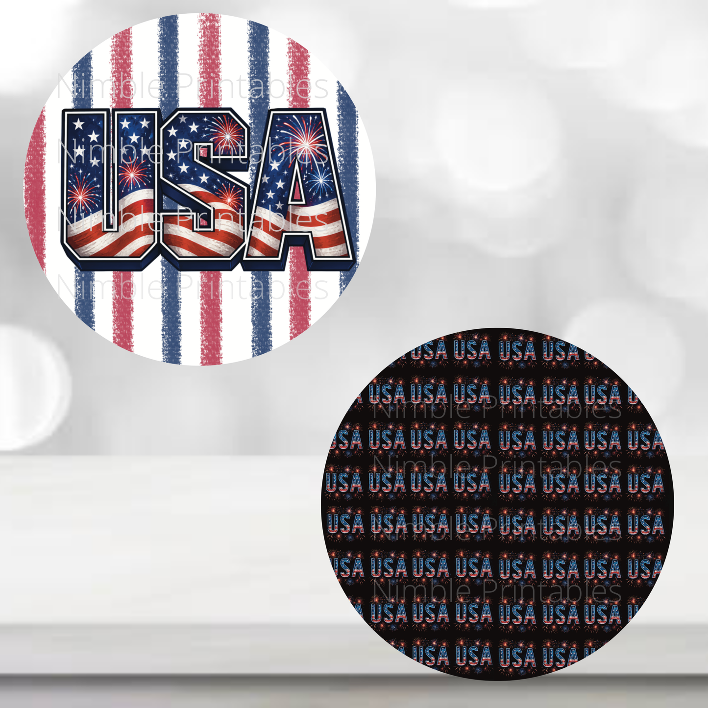 Circular graphic with "USA" in American flag design and repeating "USA" pattern.