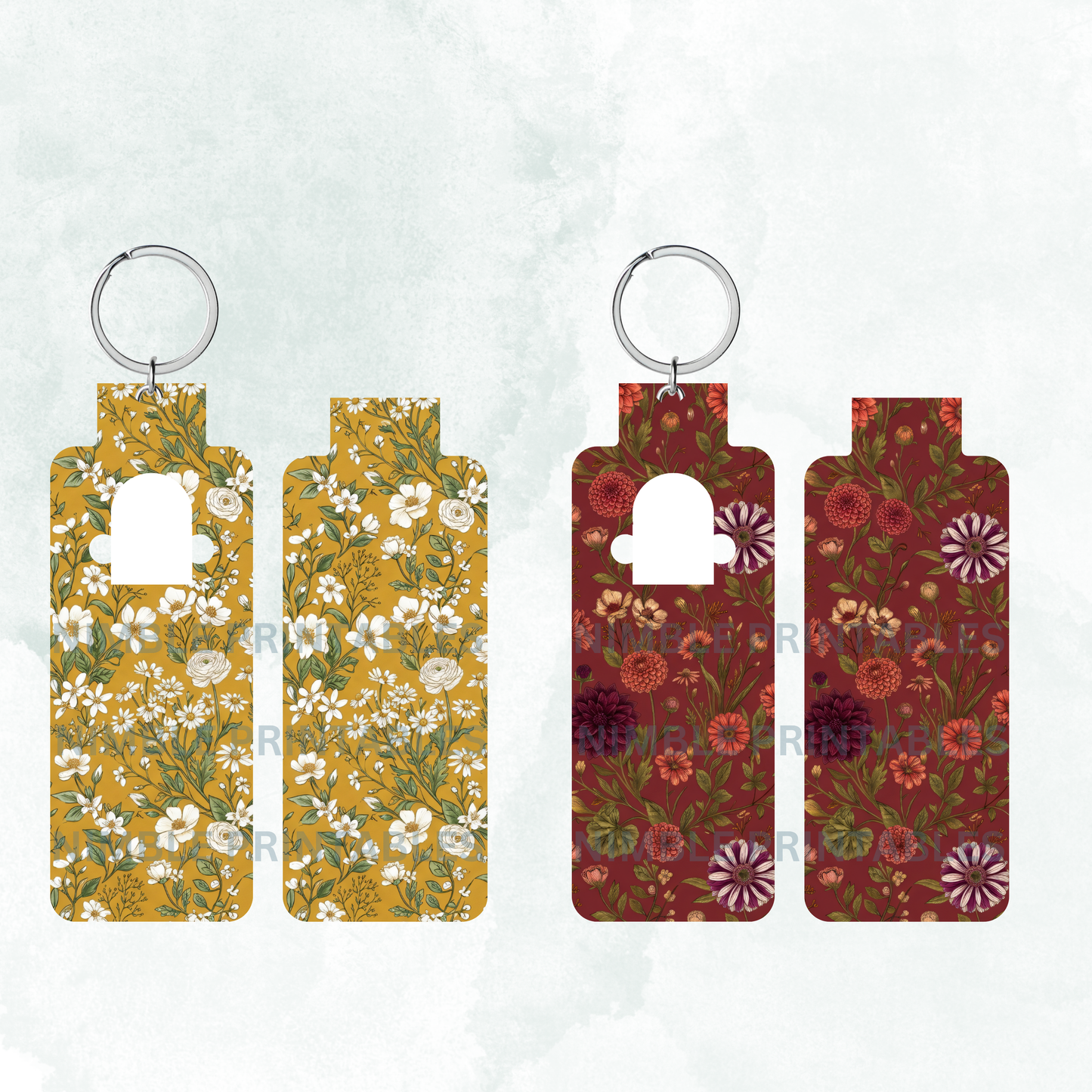Two keychains with floral patterns, one yellow with white flowers, one maroon with red and purple flowers.