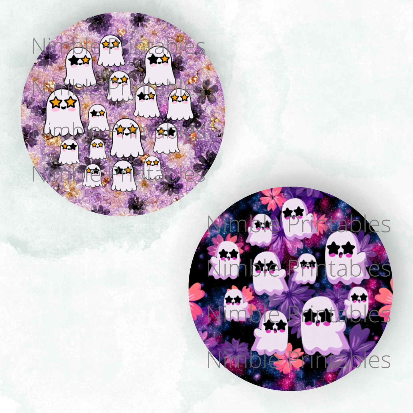 Two circular designs featuring cute ghosts with star-shaped sunglasses and floral backgrounds.