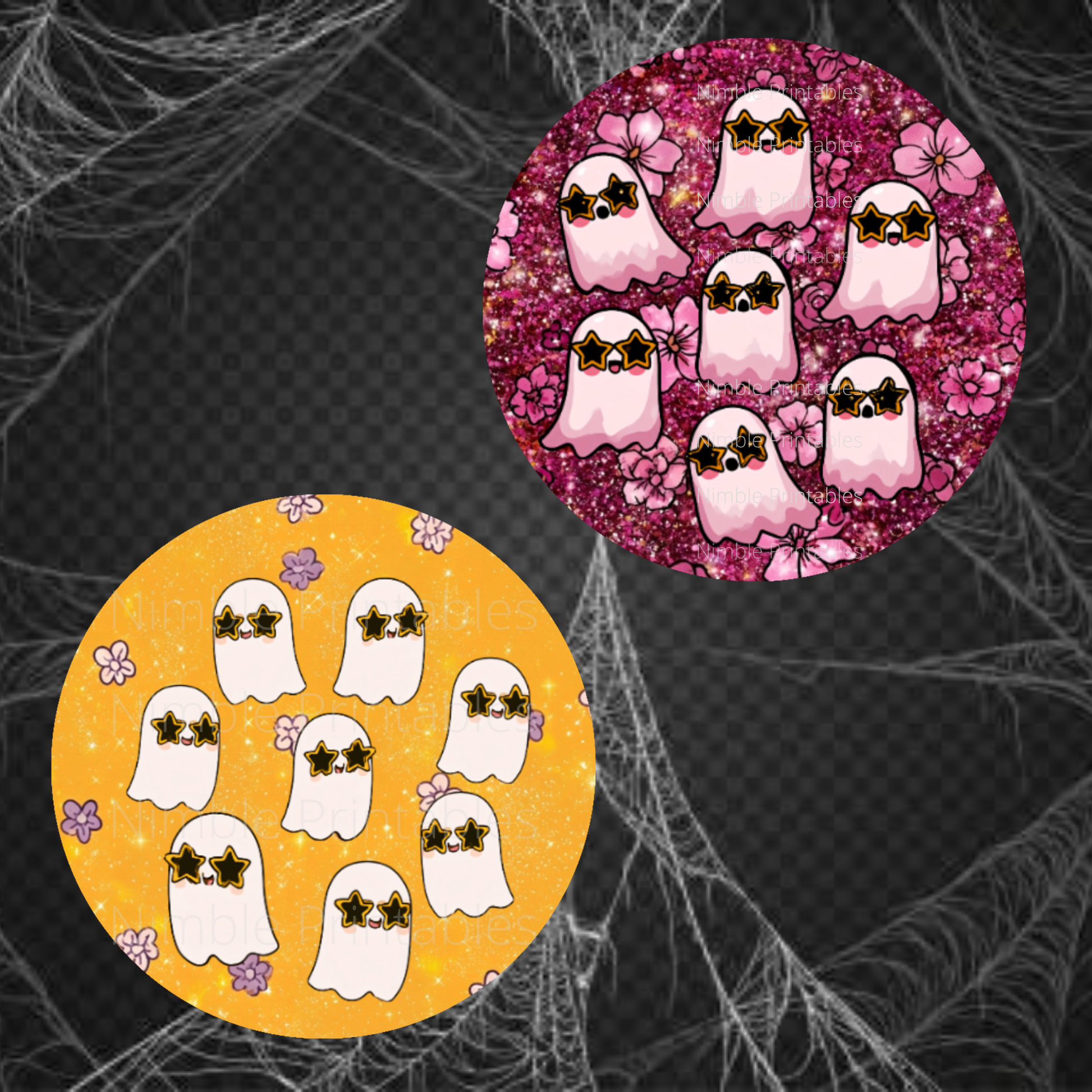 Two circular designs with cartoon ghosts wearing star sunglasses and flowers.