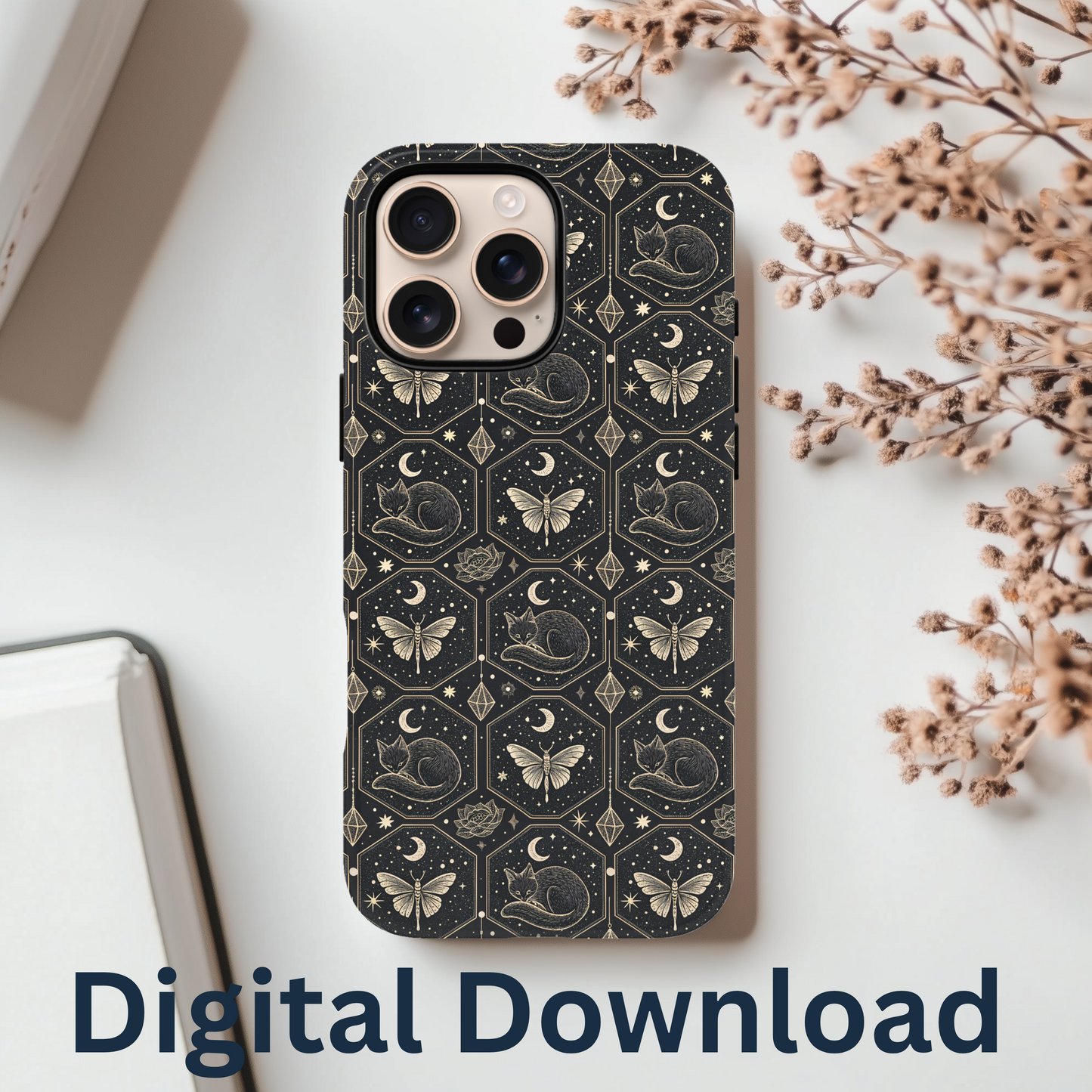 Cat Phone Case Sublimation PNG Design, Instant Digital Download, iPhone Or Samsung Cover, Snake, Luna Moth, Gothic Design