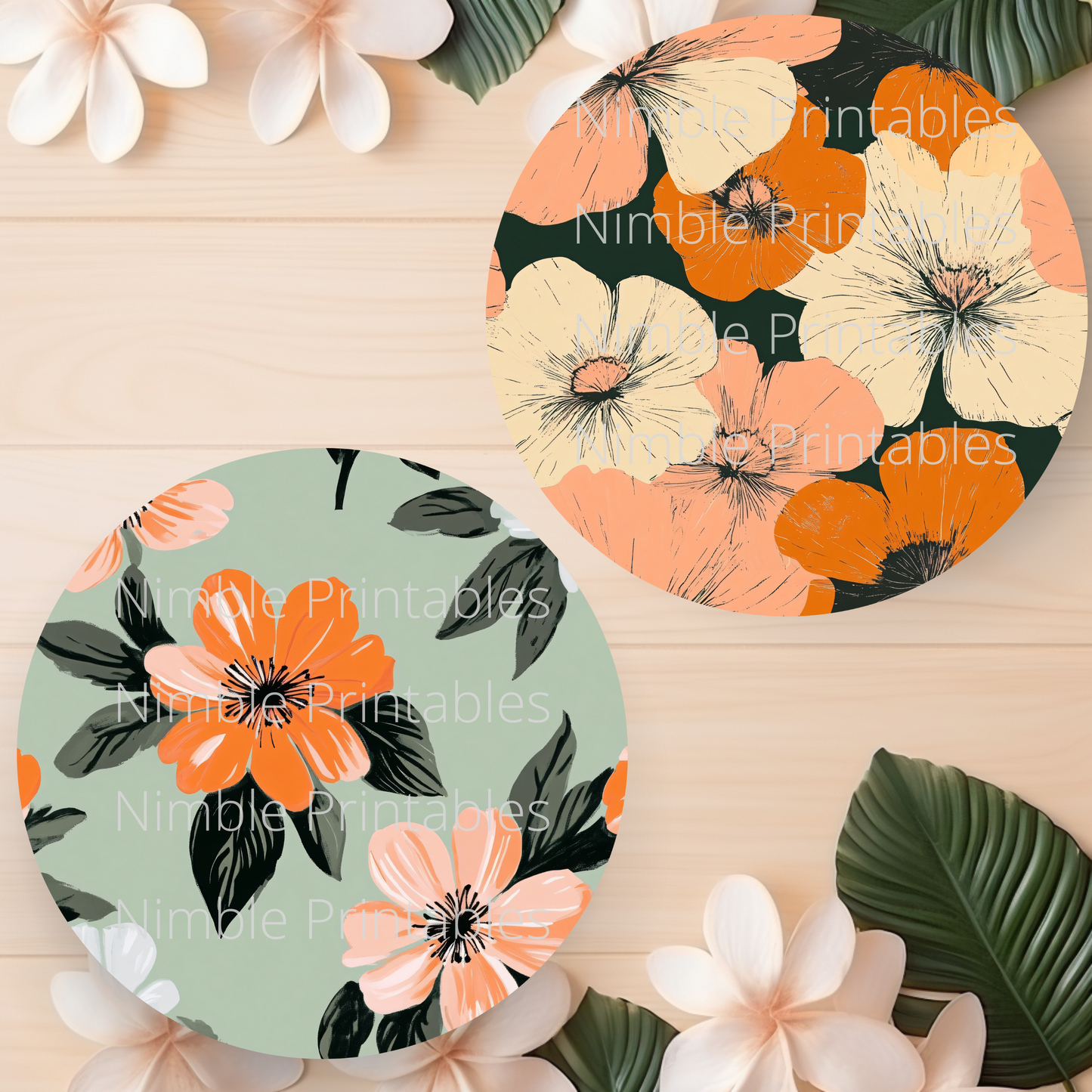 Coaster PNG, Car Coaster PNG, Orange and Pink Floral Bundle Instant Downloads Sublimation Design Car Accessories