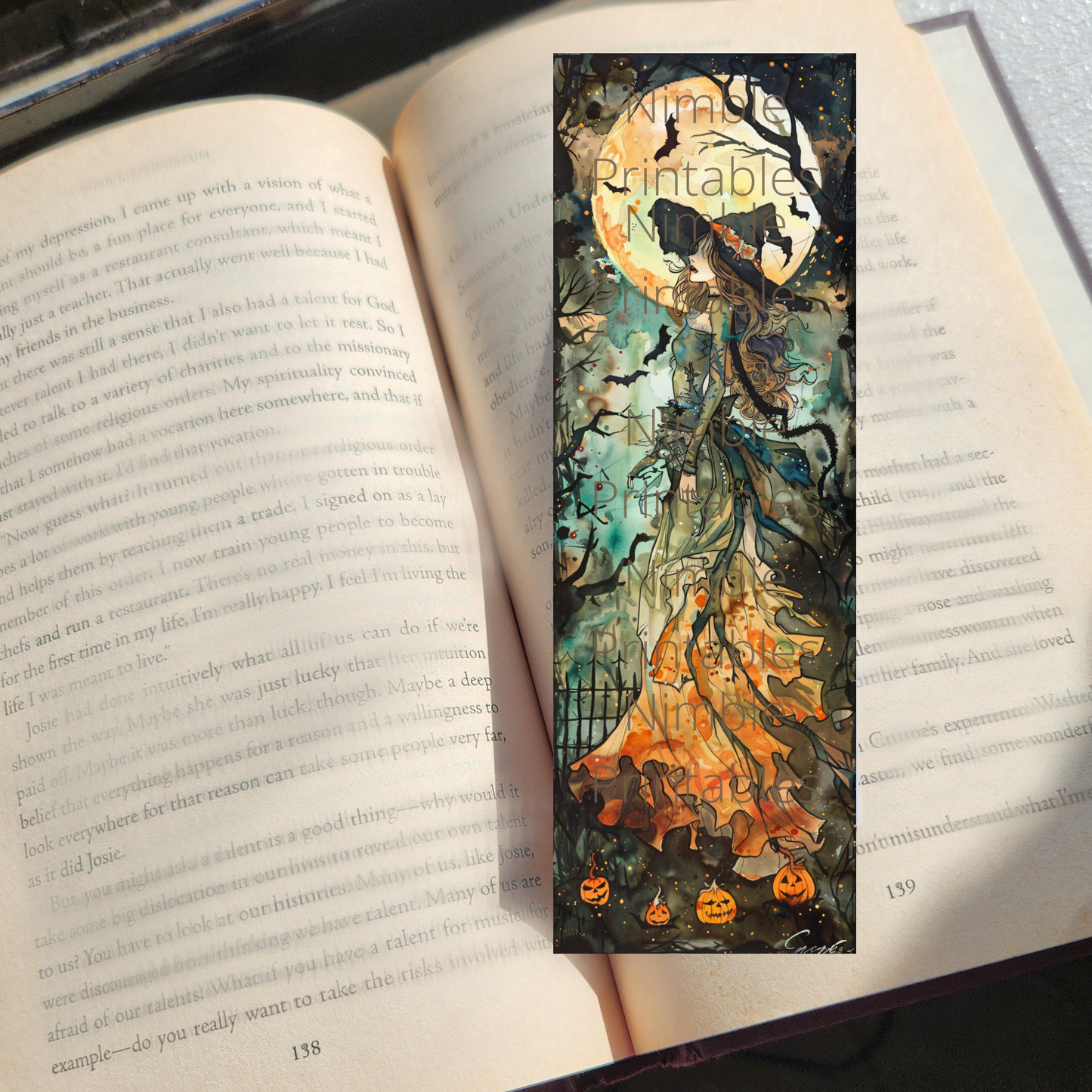 Printable Bookmarks Bundle Halloween Watercolor, Digital Downloads, 29 PNG and 29 JPG Bookmark Sublimation Fantasy png, Dark Academia png