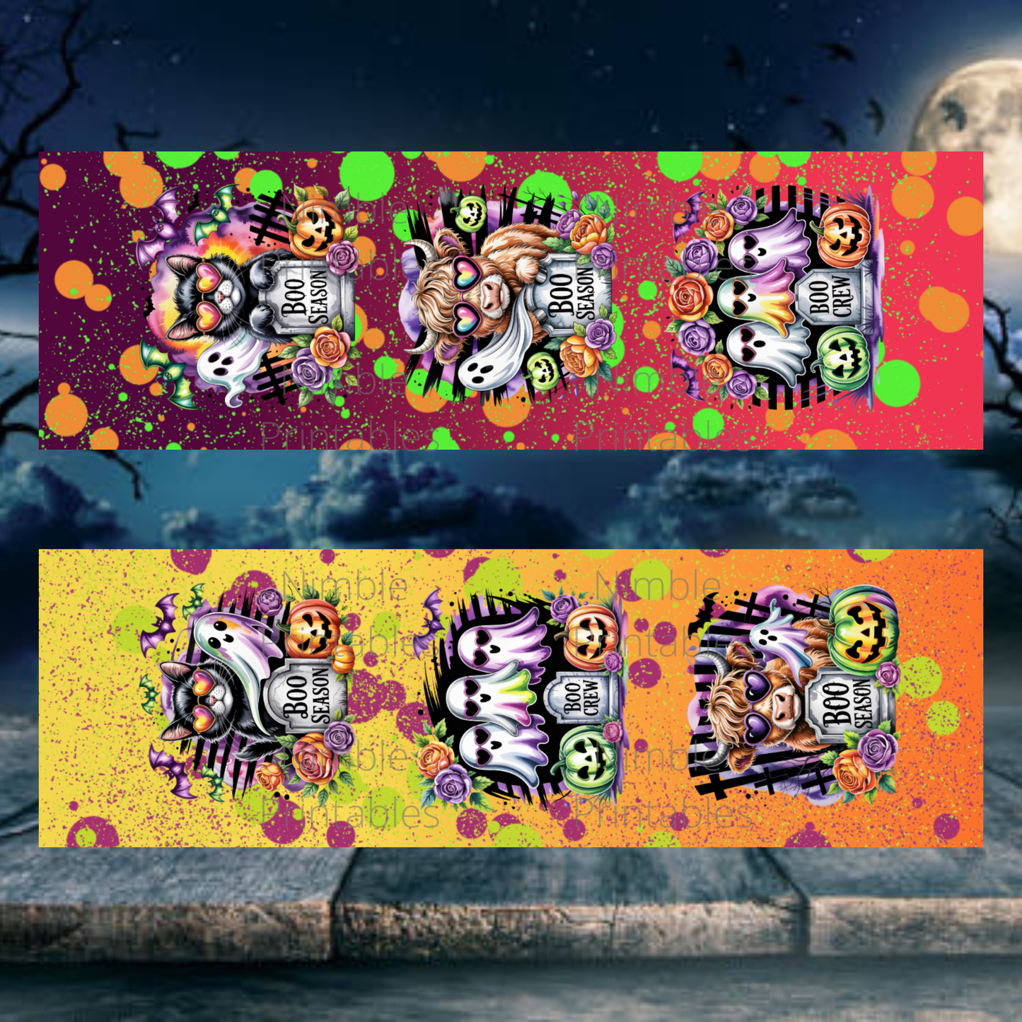 Pen Wraps Sublimation Designs PNG, Skinny Pen Wrap, Ink Joy and Waterslide Design, Halloween Ghost, Black Cat, Highland Cow Instant Download