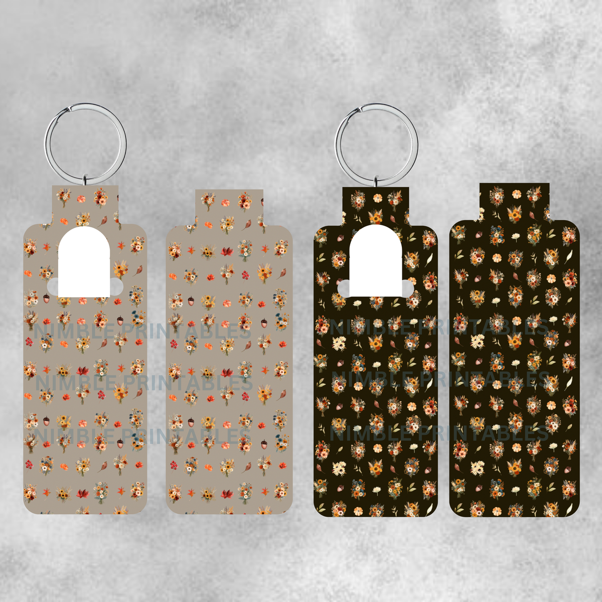 Two keychains with fall floral patterns, one on beige and one on dark brown.