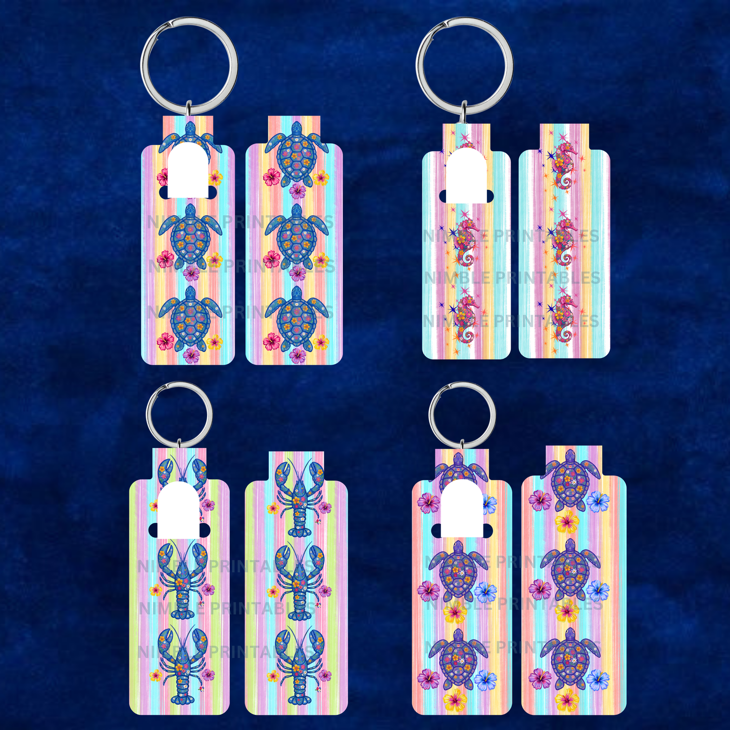 Four keychain mockups featuring colorful turtles, lobsters, and flowers on striped backgrounds.