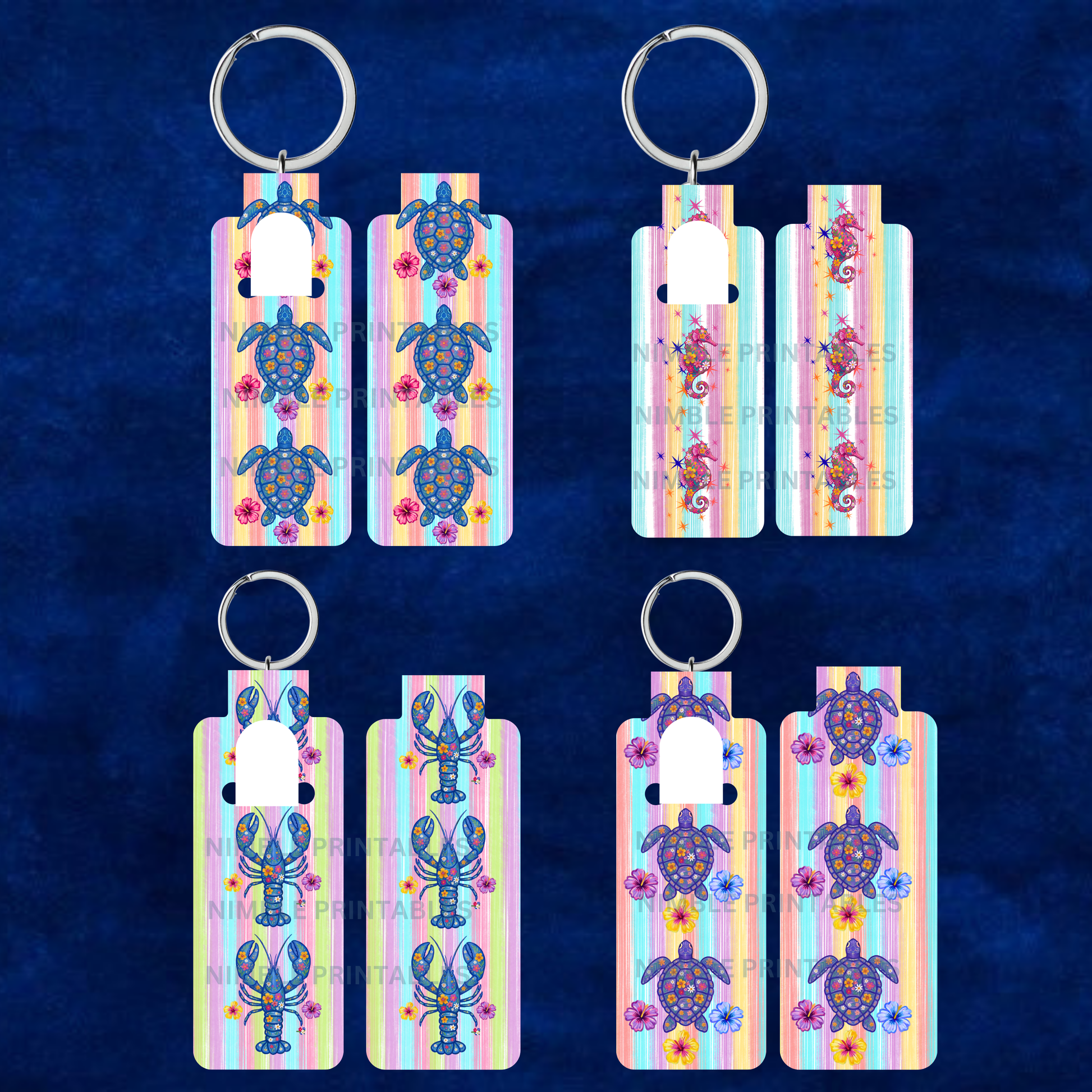 Four keychain mockups featuring colorful turtles, lobsters, and flowers on striped backgrounds.
