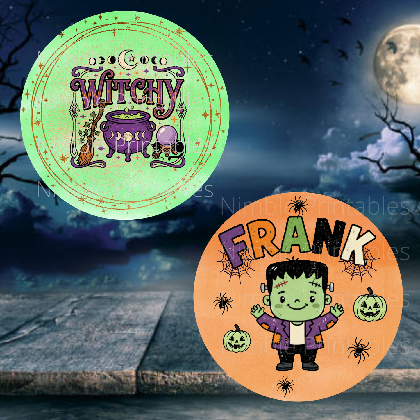 Halloween designs: Witchy cauldron and Frankenstein with pumpkins.