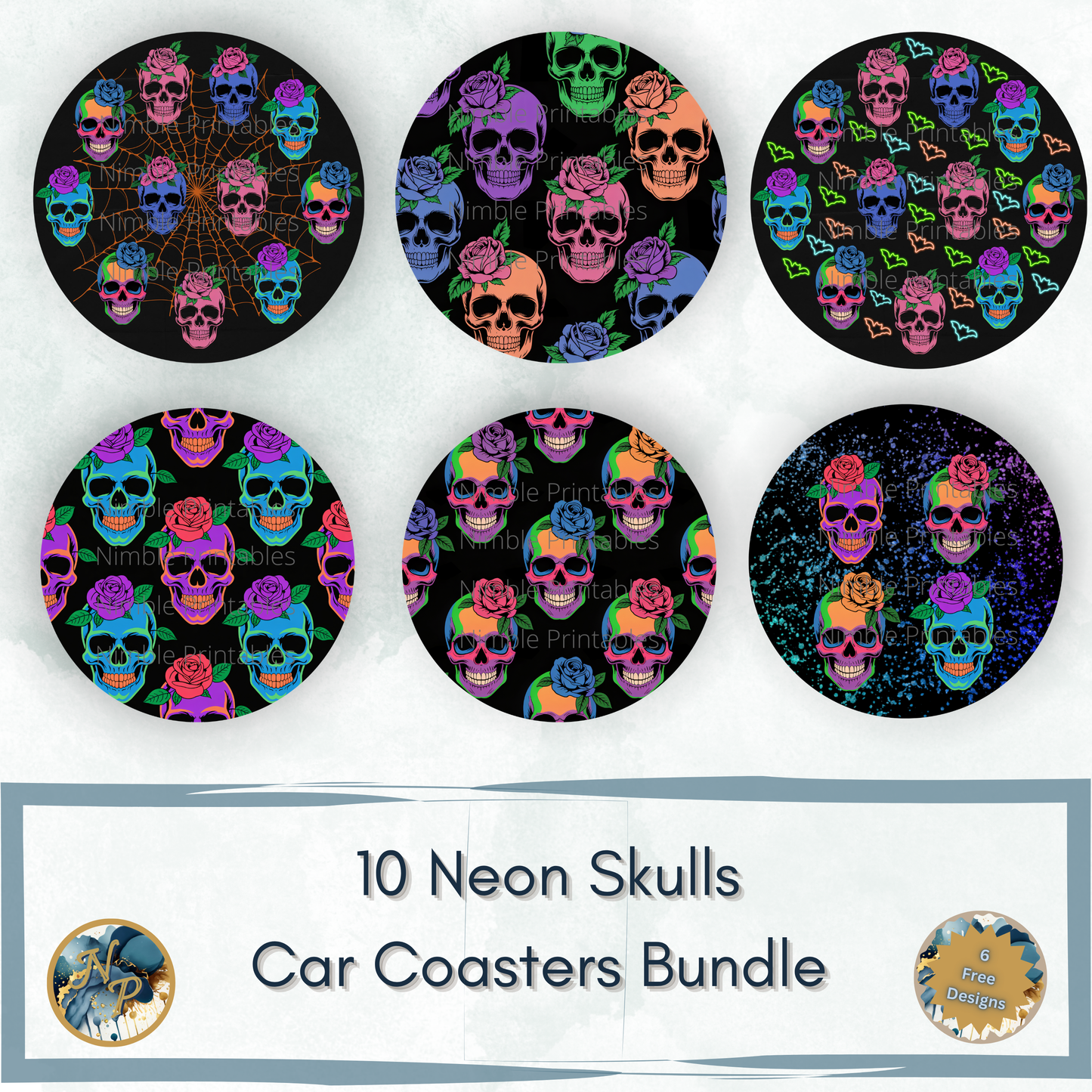 Six circular designs featuring neon skulls with roses and bats.