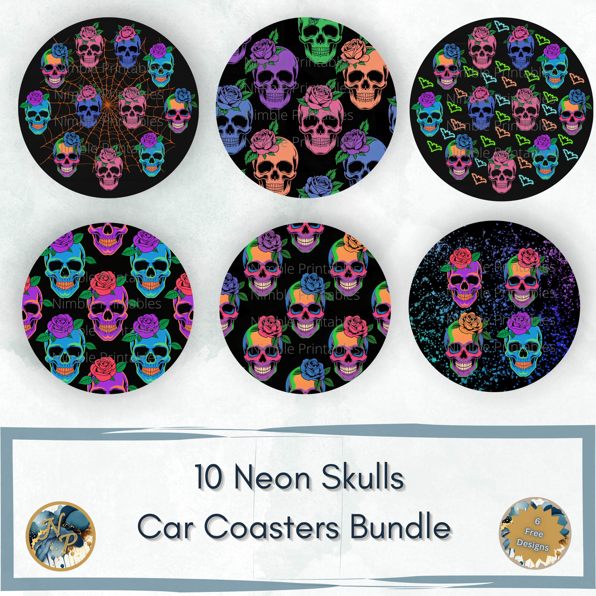Six circular designs featuring neon skulls with roses and bats.