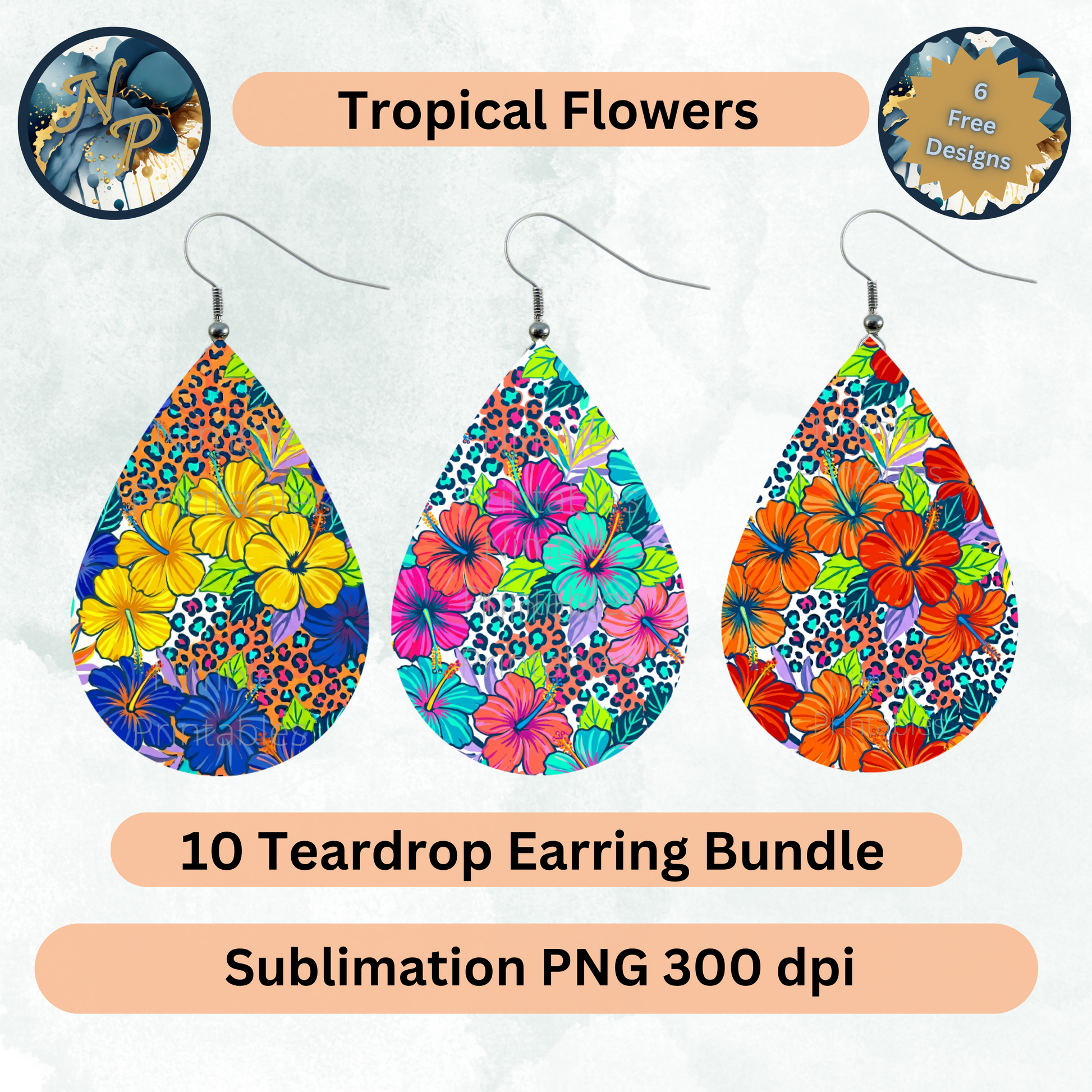 Tropical flower teardrop earrings bundle, 10 designs, sublimation PNG.