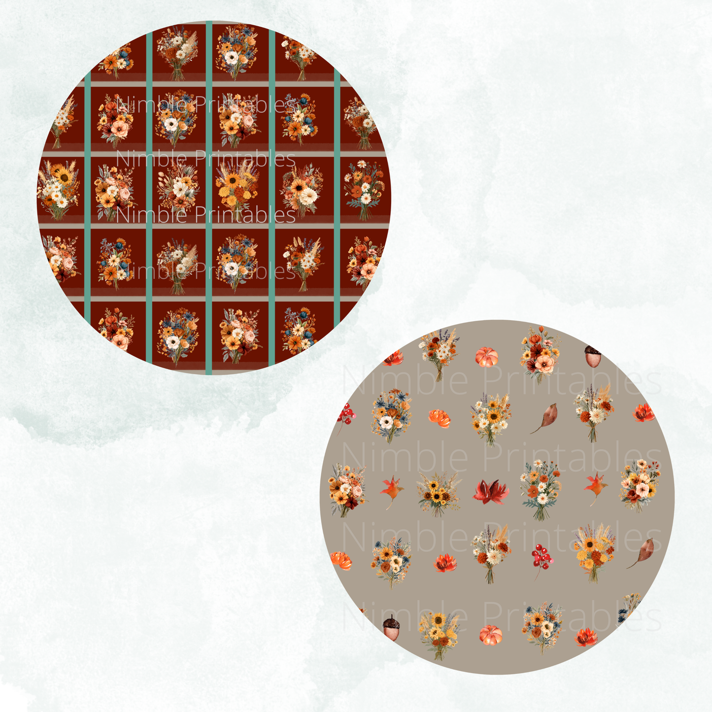 Two circular patterns featuring autumn floral bouquets on brown and grey backgrounds.