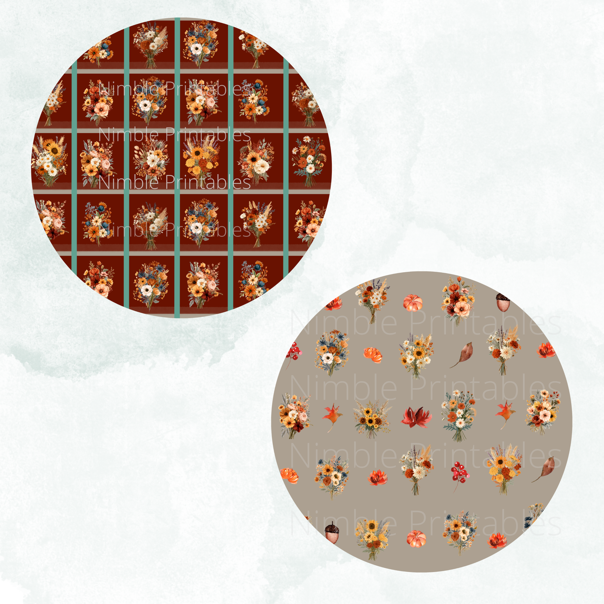 Two circular patterns featuring autumn floral bouquets on brown and grey backgrounds.