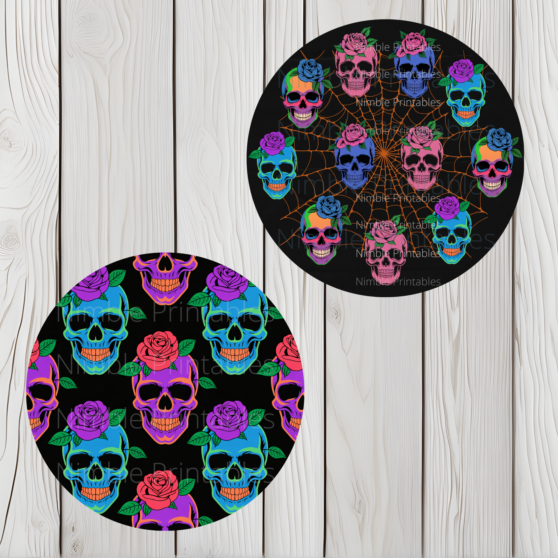 Two circular designs featuring colorful skulls and roses on black backgrounds.
